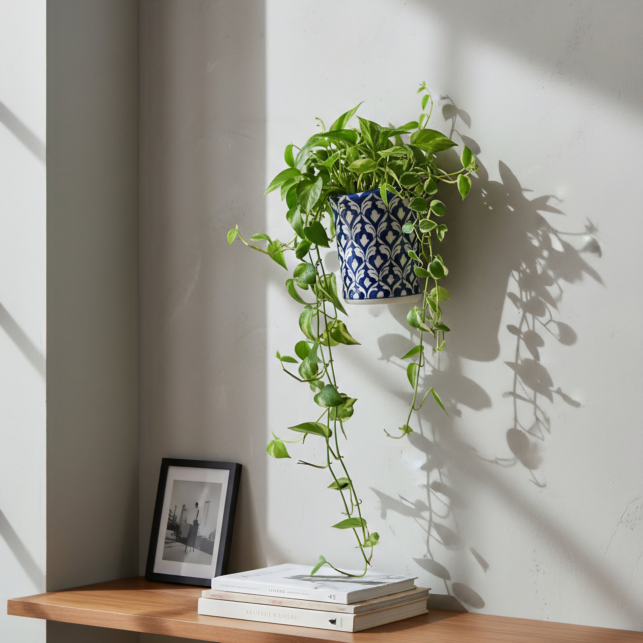 Blue Pottery Wall Planter — 6″ Multani Ceramic (Navy Lattice Motif)