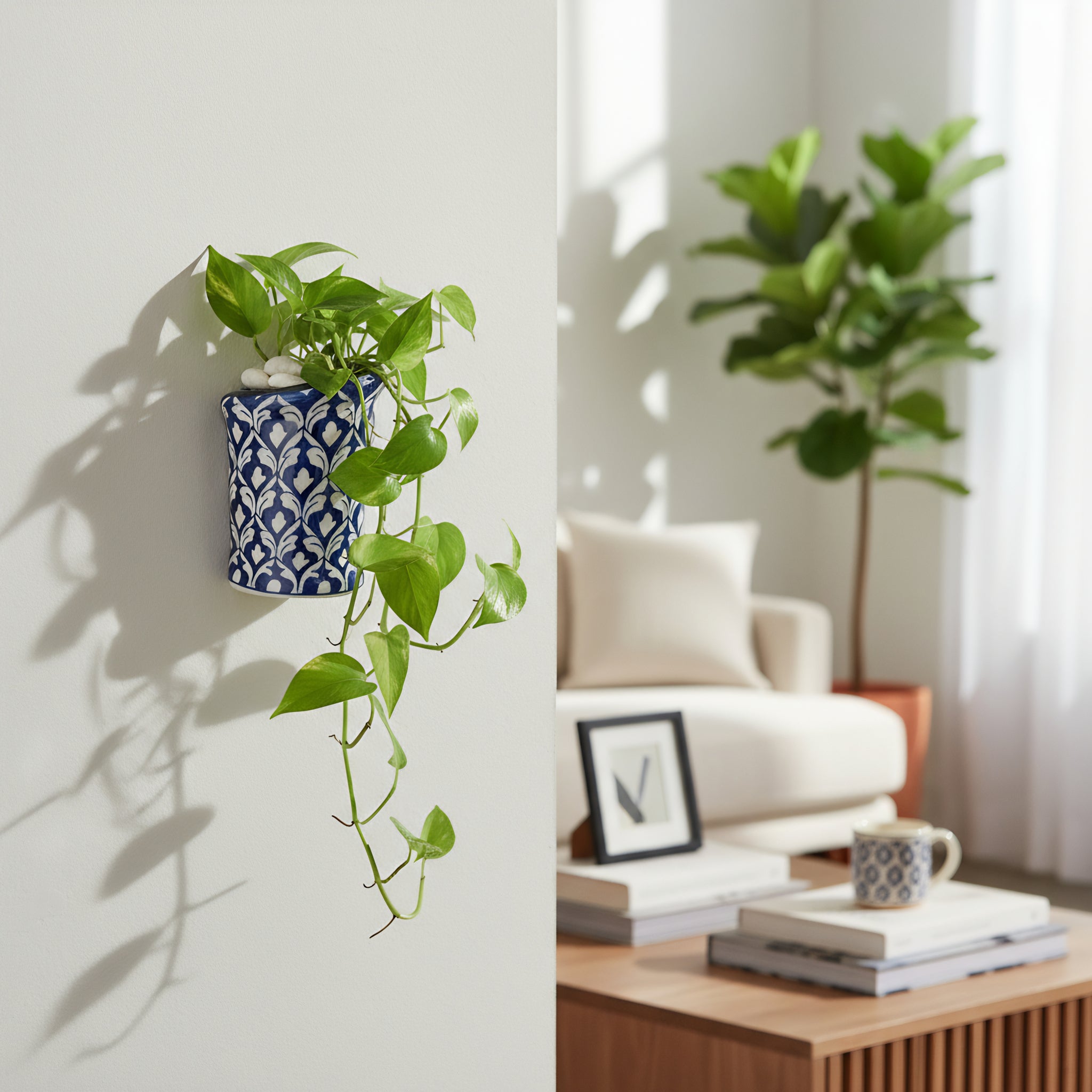 Blue Pottery Wall Planter — 6″ Multani Ceramic (Navy Lattice Motif)