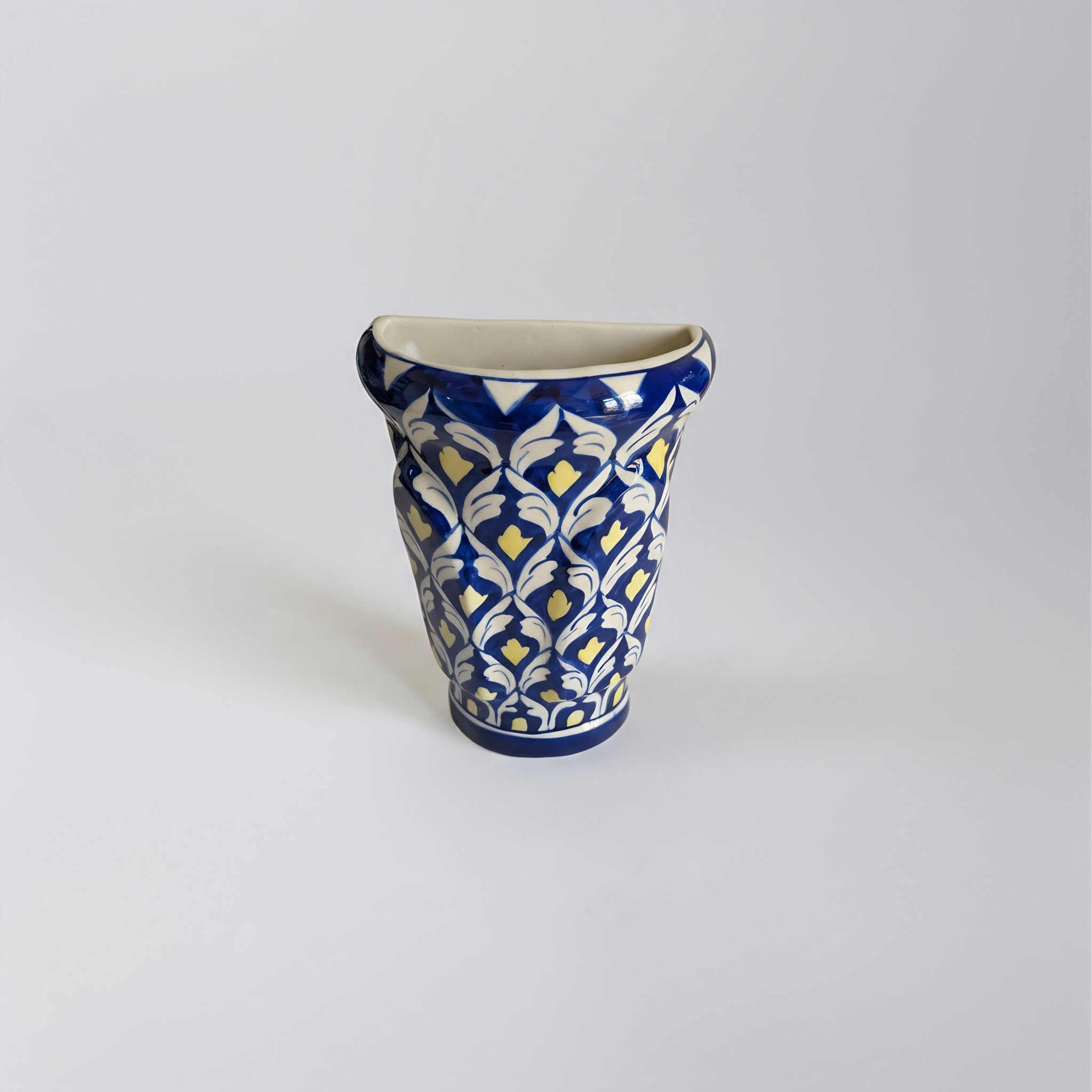 Handmade Multani Blue Pottery Wall Planter – 8 Inch Ceramic Hanging Pot Blue and Yellow