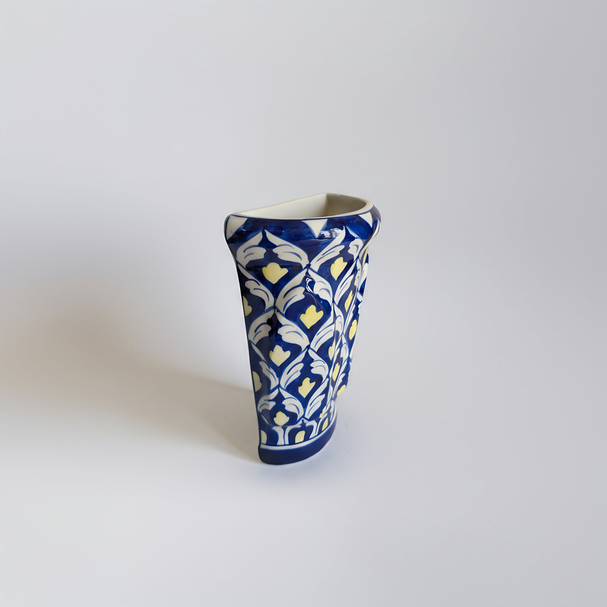 Handmade Multani Blue Pottery Wall Planter – 8 Inch Ceramic Hanging Pot Blue and Yellow