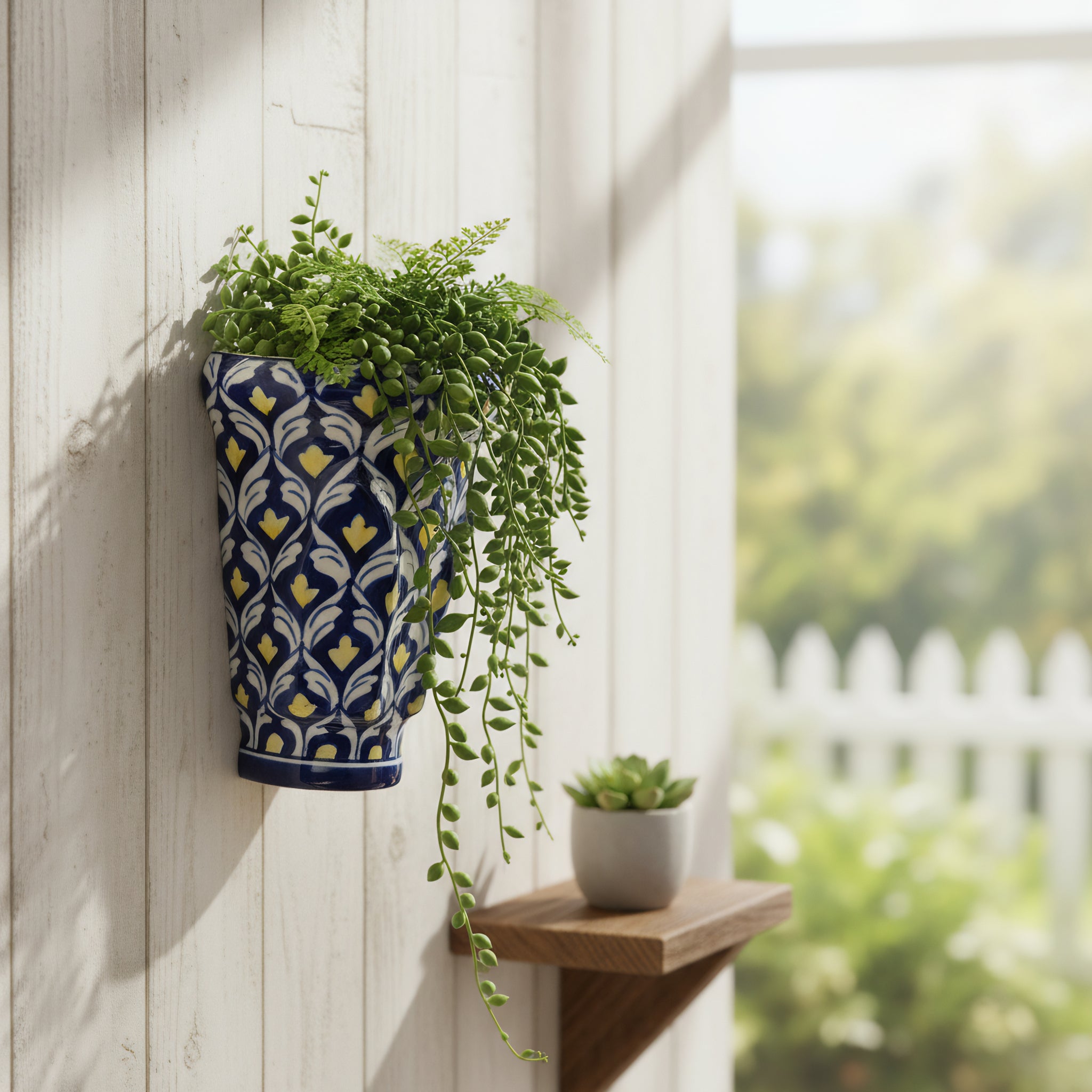 Handmade Multani Blue Pottery Wall Planter – 8 Inch Ceramic Hanging Pot Blue and Yellow