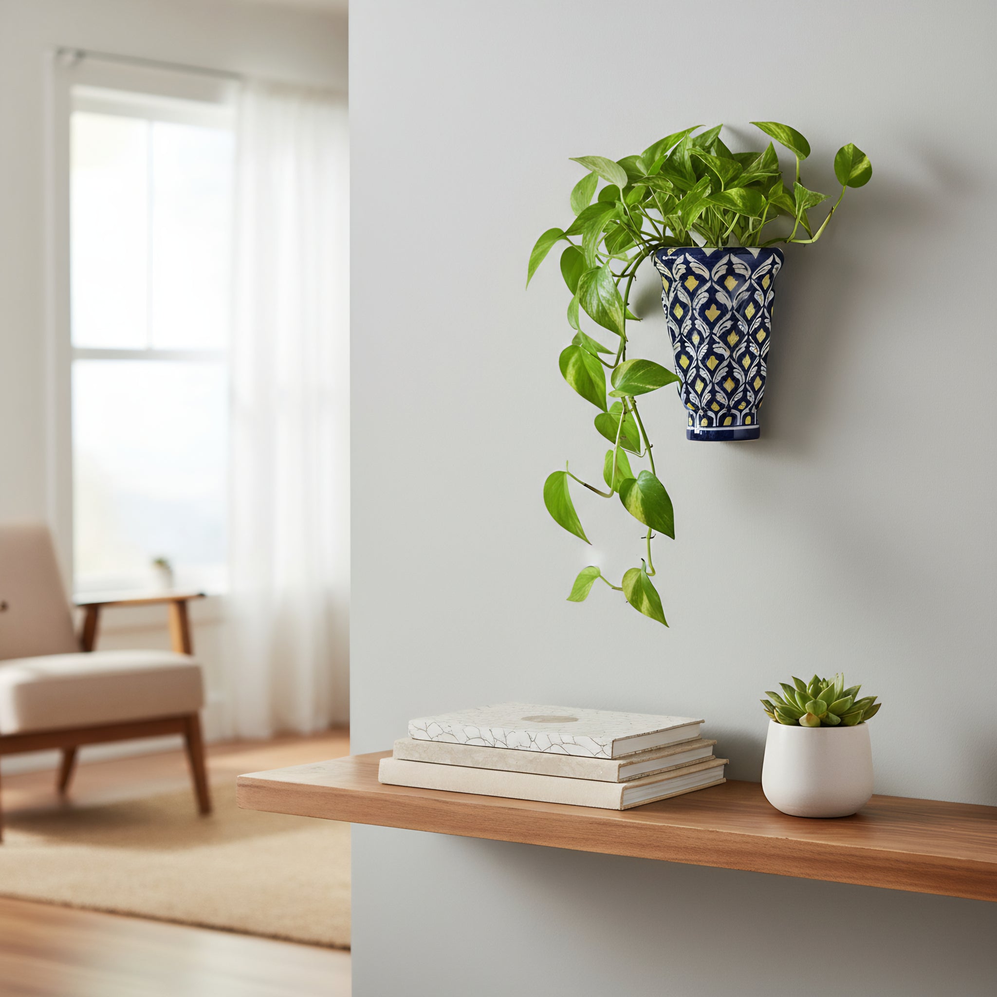 Handmade Multani Blue Pottery Wall Planter – 8 Inch Ceramic Hanging Pot Blue and Yellow