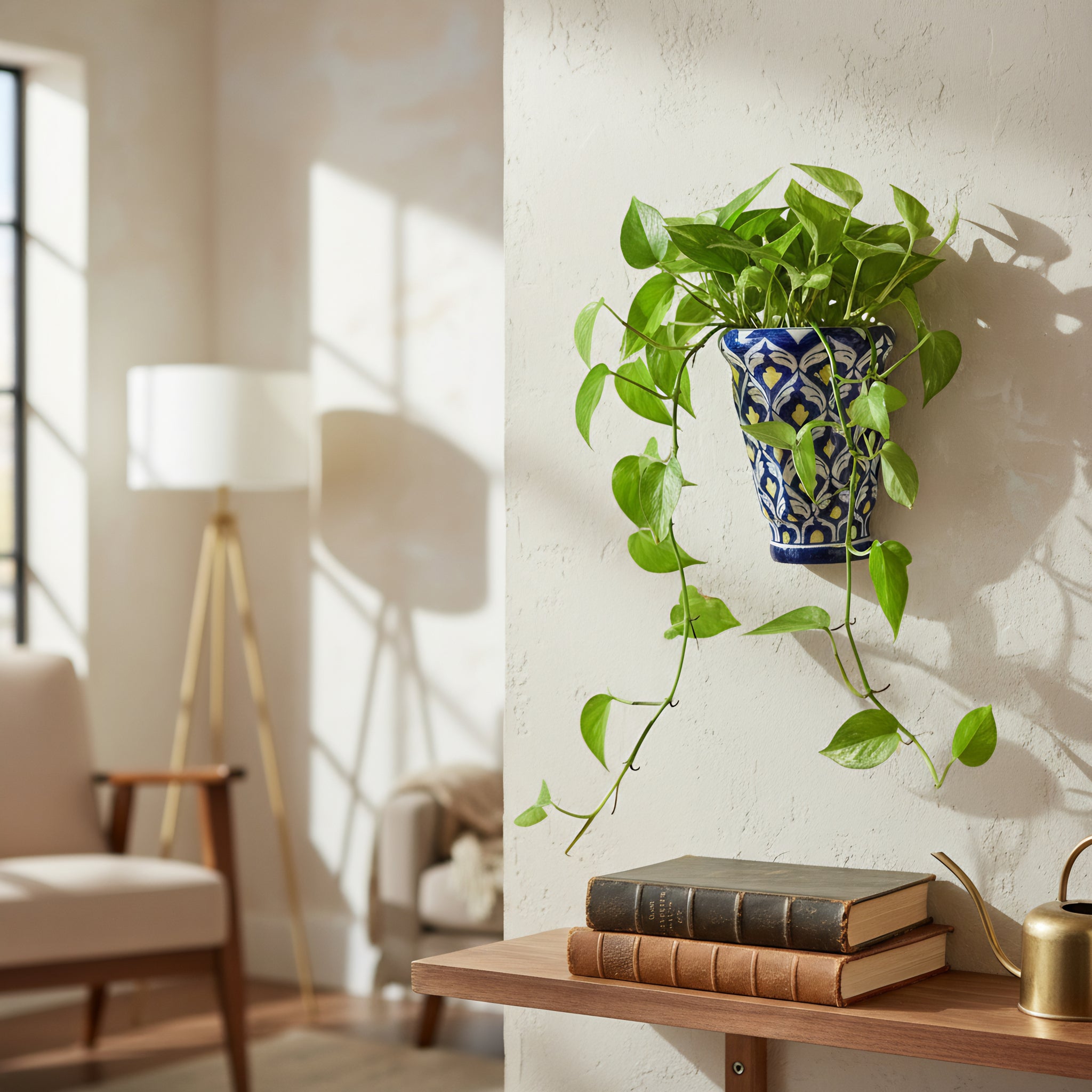 Handmade Multani Blue Pottery Wall Planter – 8 Inch Ceramic Hanging Pot Blue and Yellow