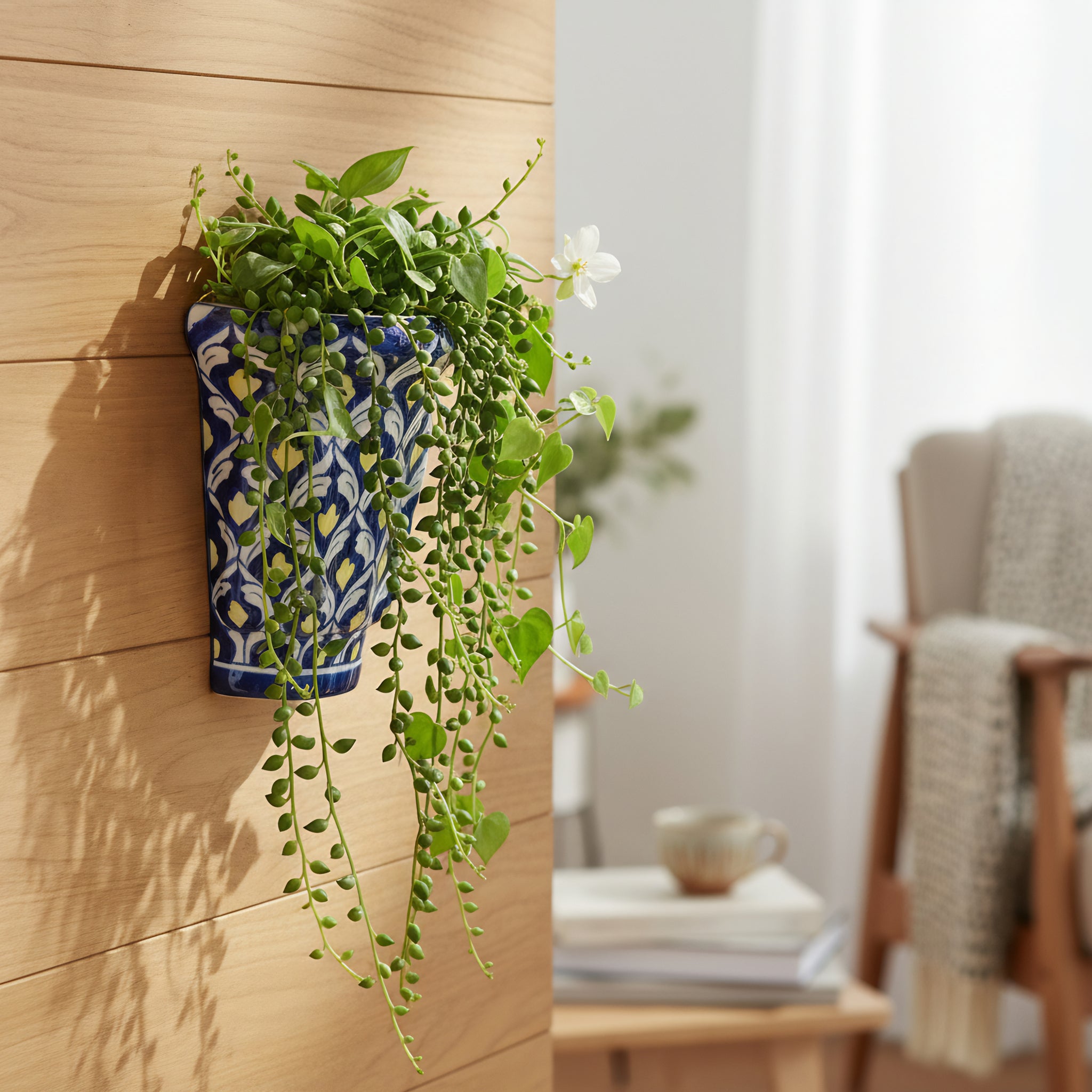 Handmade Multani Blue Pottery Wall Planter – 8 Inch Ceramic Hanging Pot Blue and Yellow