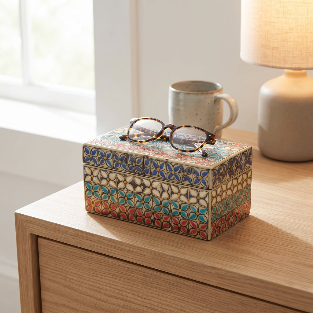 Ivory Swati Wooden Keepsake Box - 8x4x4 Inch Hand-Painted Floral Tile Box