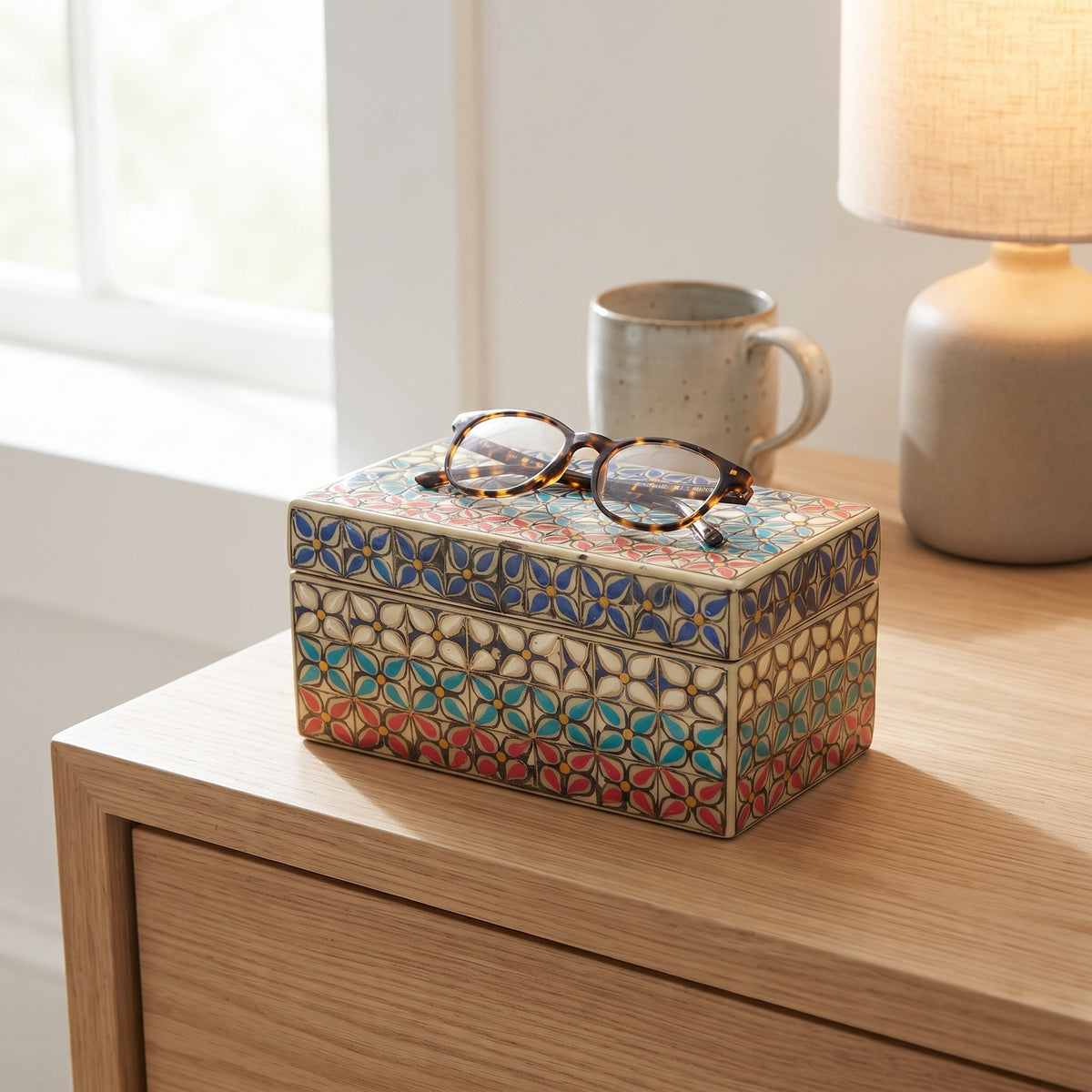 Ivory Swati Wooden Keepsake Box - 8x4x4 Inch Hand-Painted Floral Tile Box