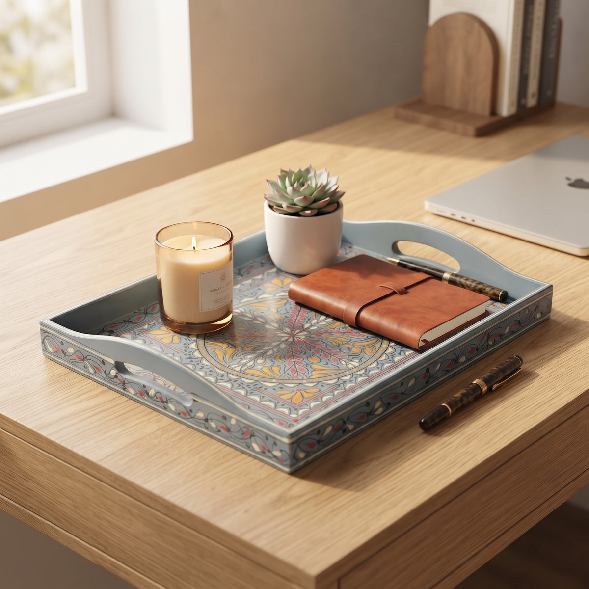 Dove Grey Swati Wooden Tray - 12x15 Inch Hand-Painted Medallion Serving Tray