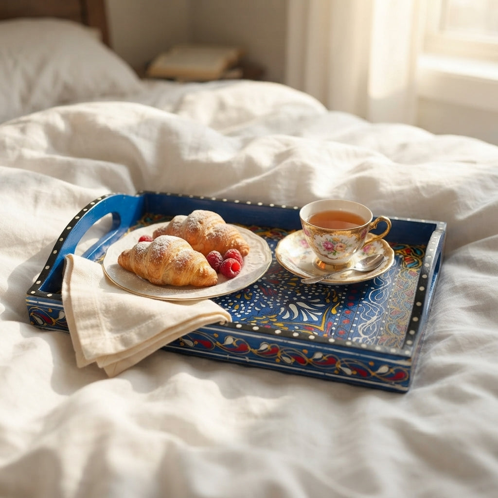Royal Blue Swati Wooden Tray - 8x12 Inch Hand-Painted Starburst Tray