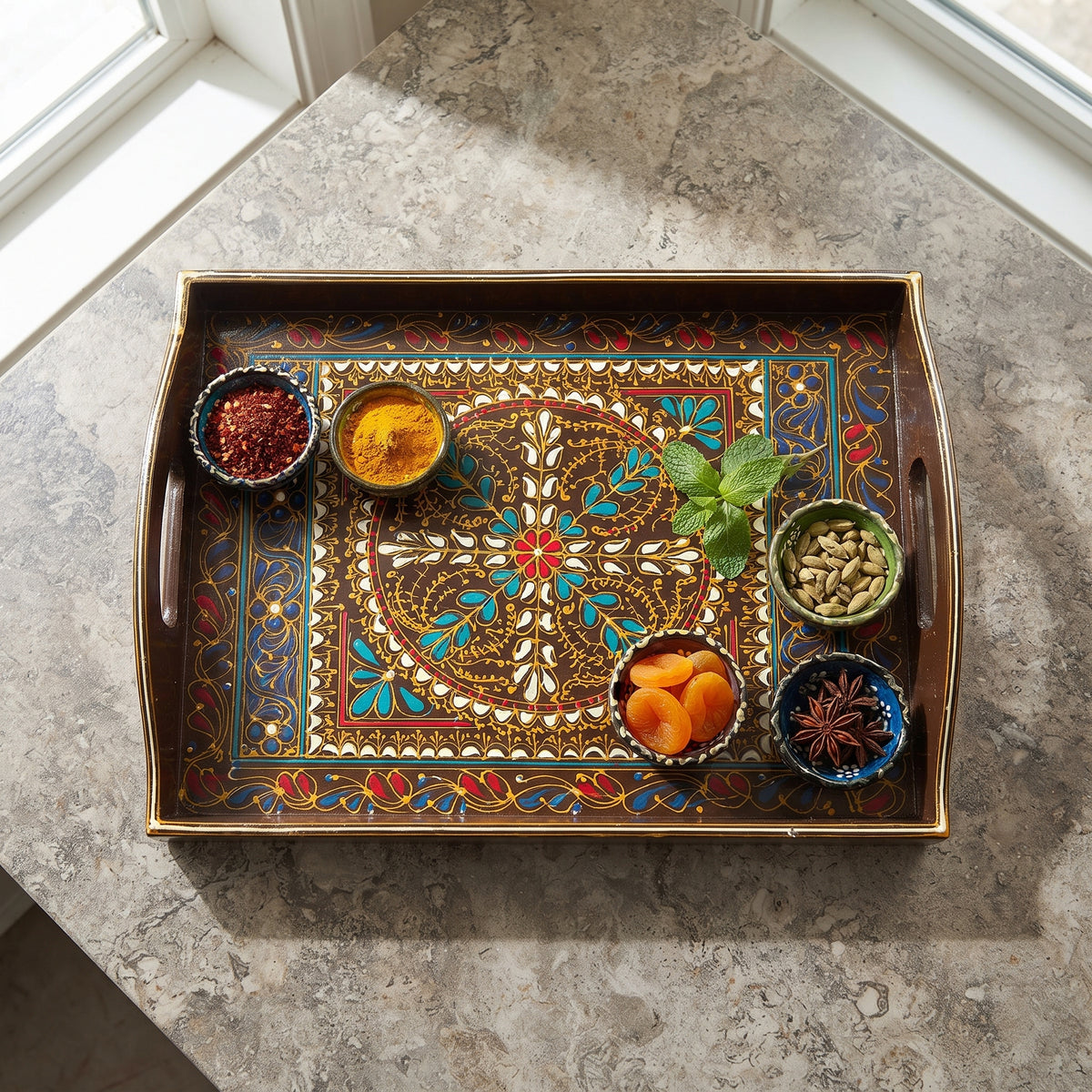 Chocolate Swati Wooden Tray - 12x15 Inch Hand-Painted Medallion Serving Tray