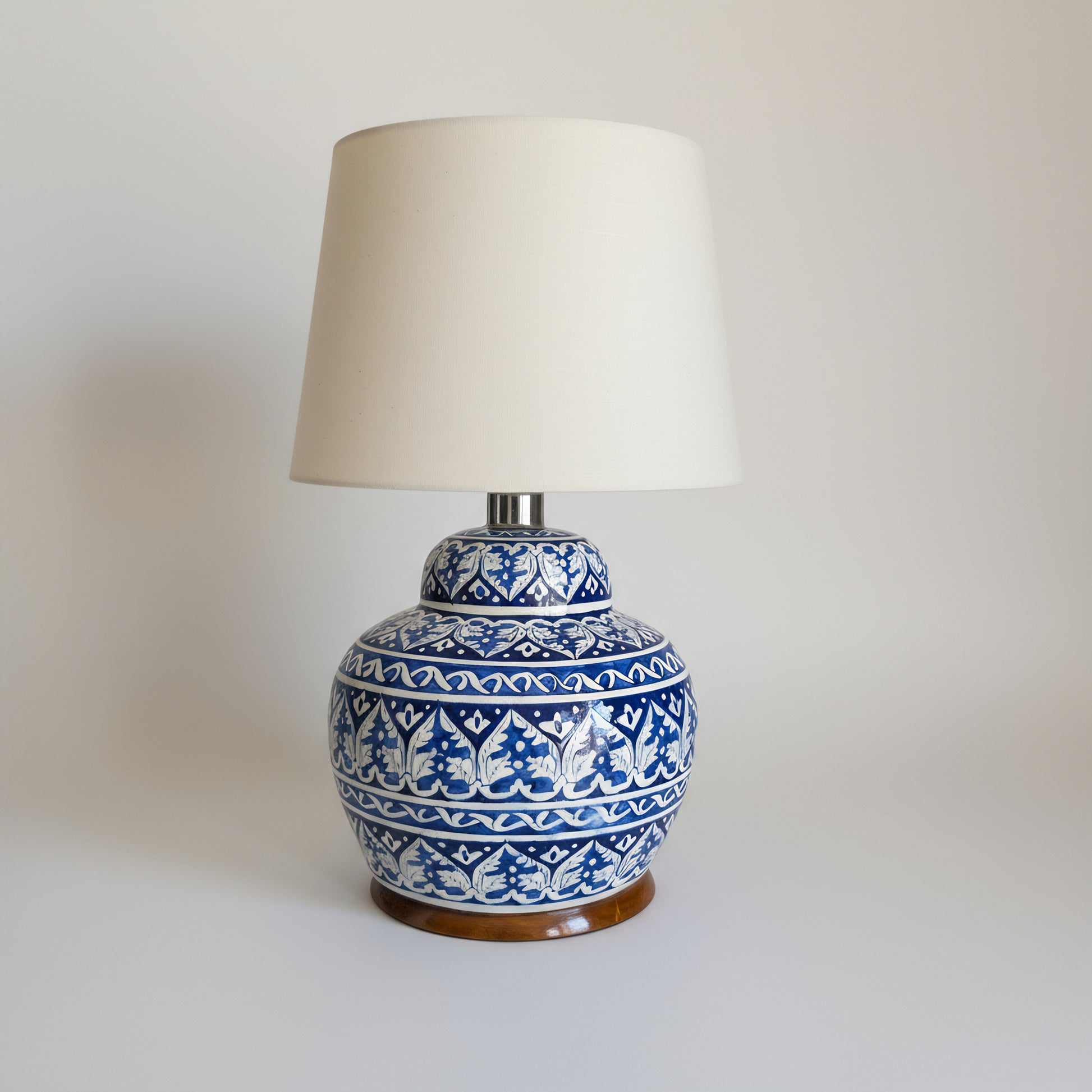 Handcrafted Blue Pottery Lamp Base – 16″ Tall with White Vine Motifs