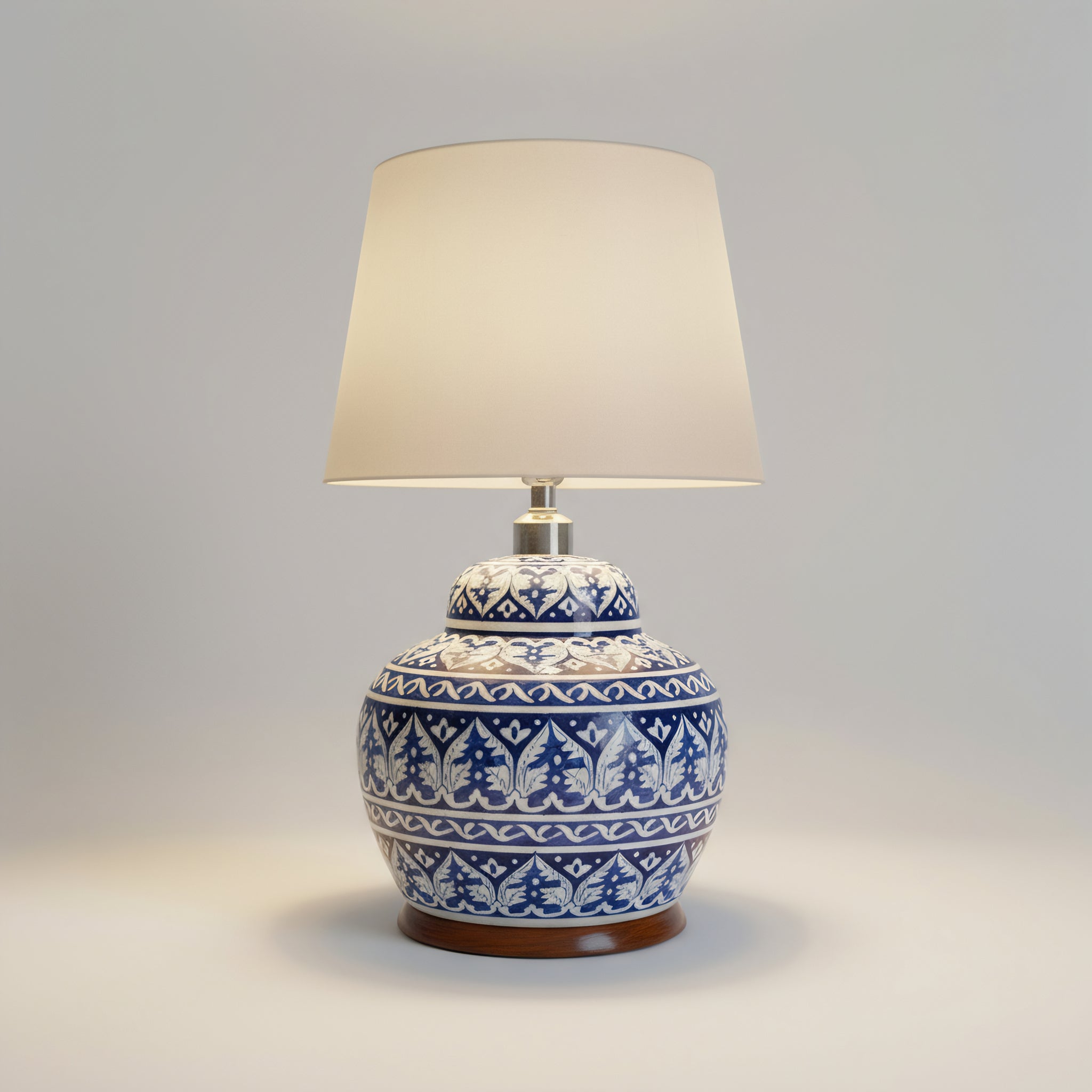 Handcrafted Blue Pottery Lamp Base – 16″ Tall with White Vine Motifs