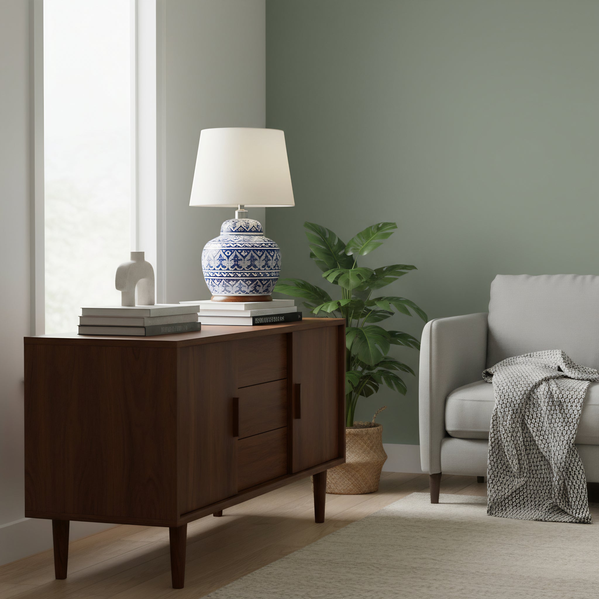 Handcrafted Blue Pottery Lamp Base – 16″ Tall with White Vine Motifs