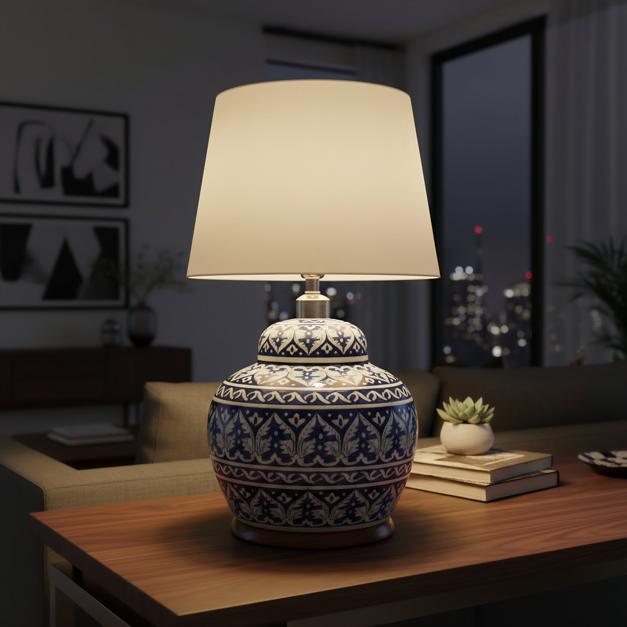 Handcrafted Blue Pottery Lamp Base – 16″ Tall with White Vine Motifs