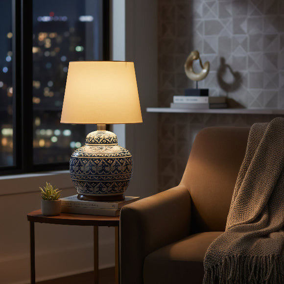 Handcrafted Blue Pottery Lamp Base – 16″ Tall with White Vine Motifs