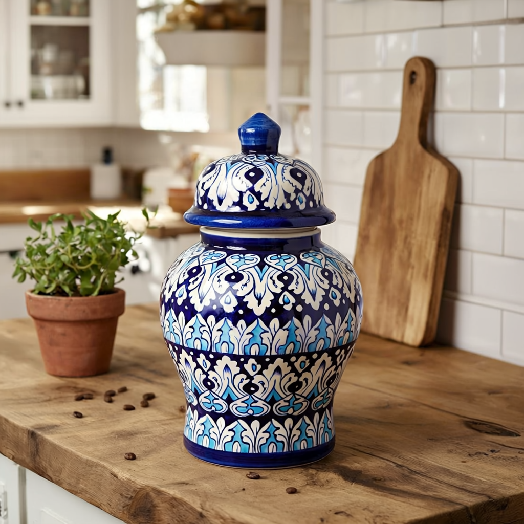 Lidded Chinese Jar – Leaf Drop Pattern
