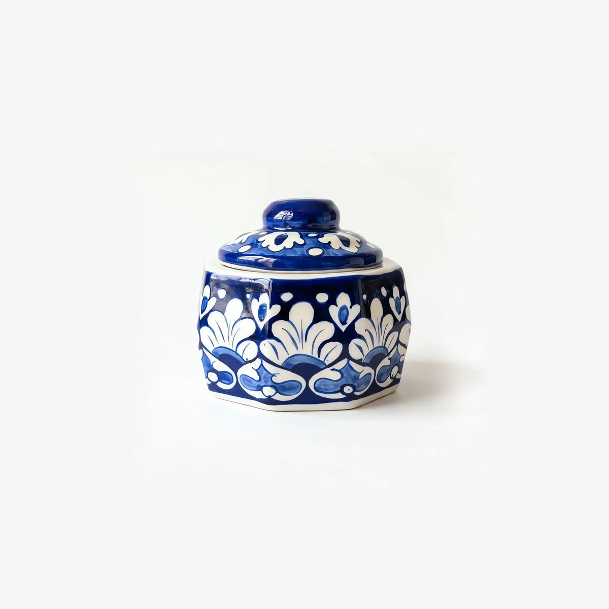 Cobalt, white and sky-blue octagonal ceramic jewelry box, front view
