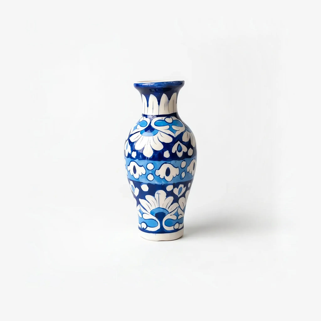 Cobalt, sky-blue and white 7 inch ceramic vase, side view