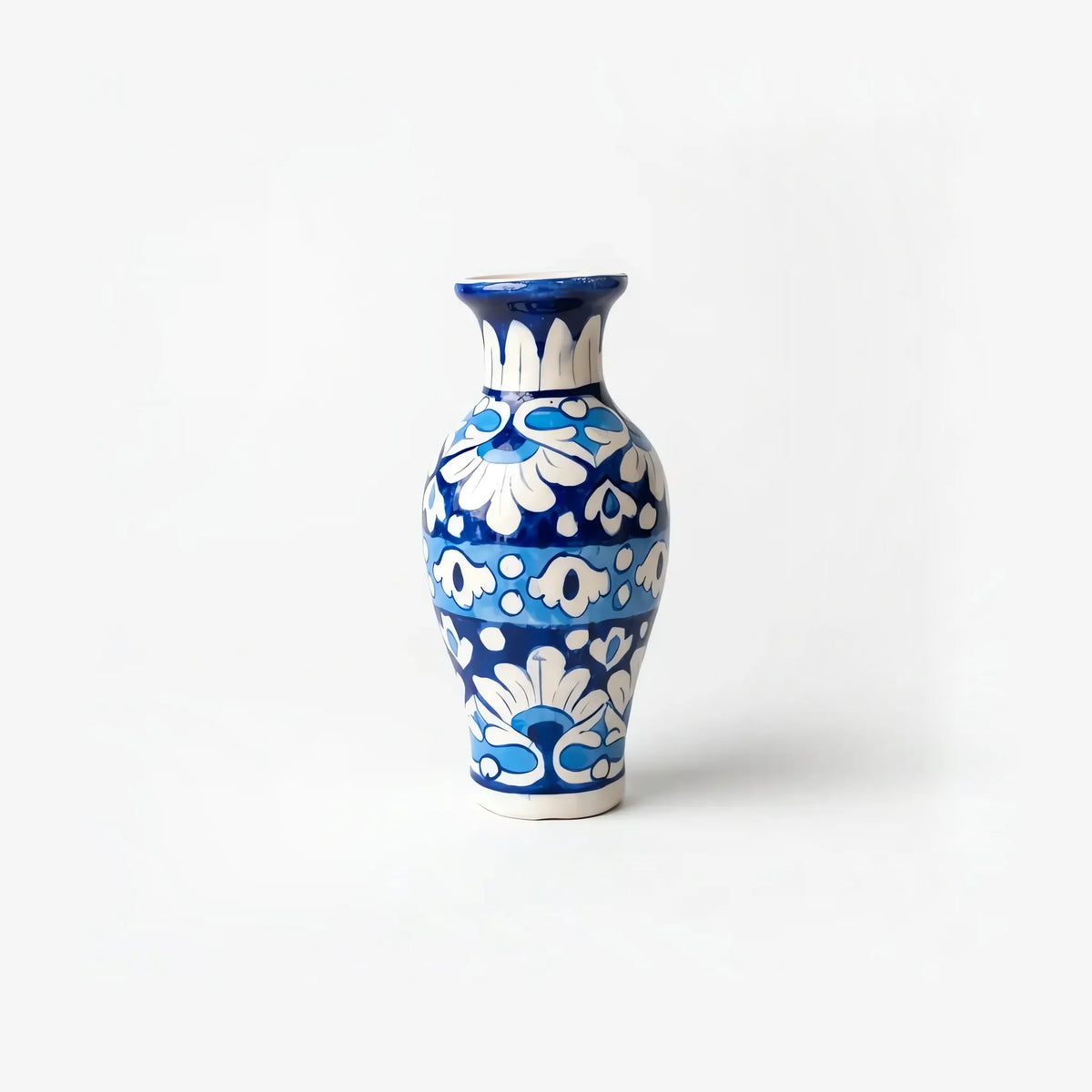 Cobalt, sky-blue and white 7 inch ceramic vase, side view