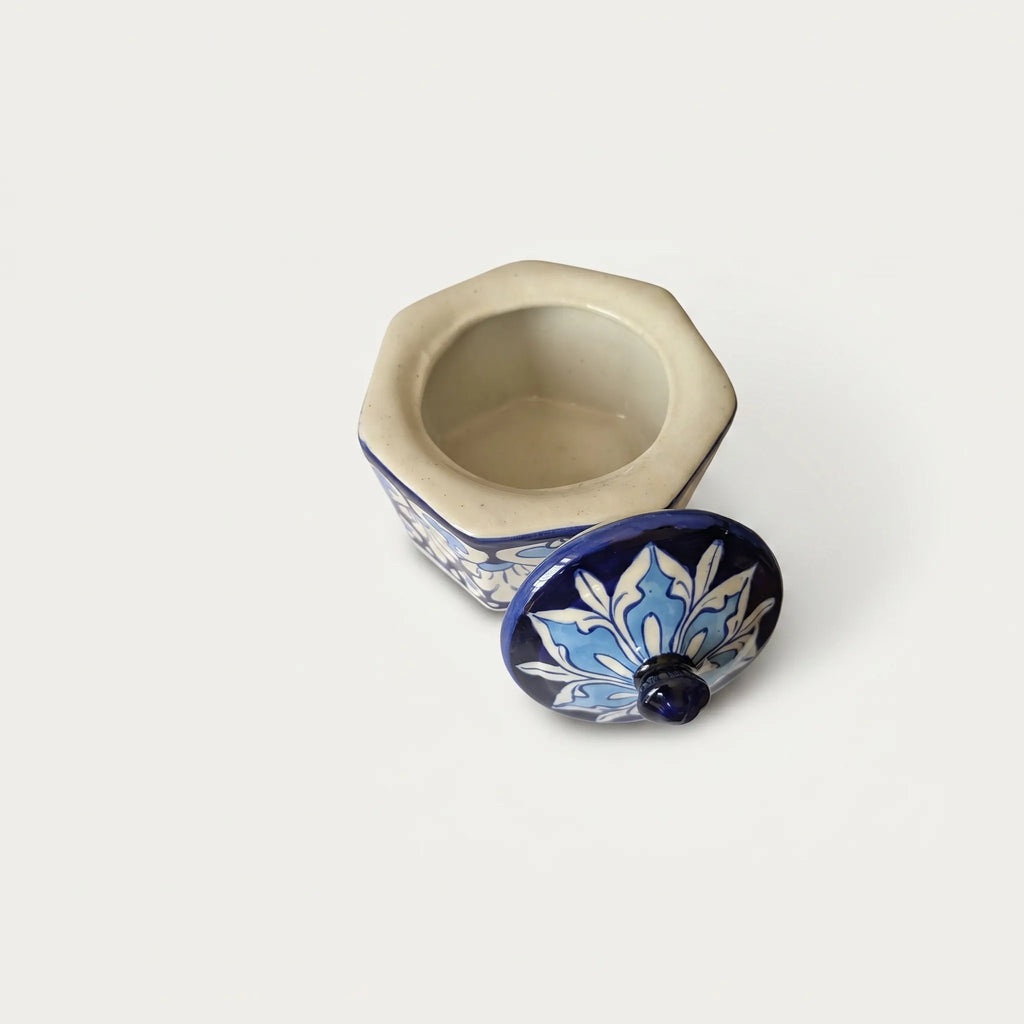 Blue Pottery Jewelry Box – Hand-Painted Ceramic Canister Jar (4.5” Floral Petal Design)