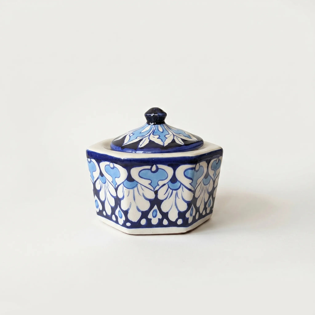 Blue Pottery Jewelry Box – Hand-Painted Ceramic Canister Jar (4.5” Floral Petal Design)