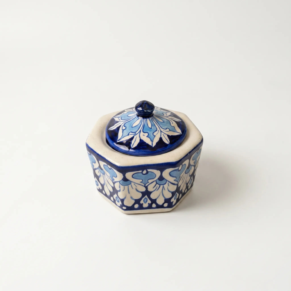 Blue Pottery Jewelry Box – Hand-Painted Ceramic Canister Jar (4.5” Floral Petal Design)