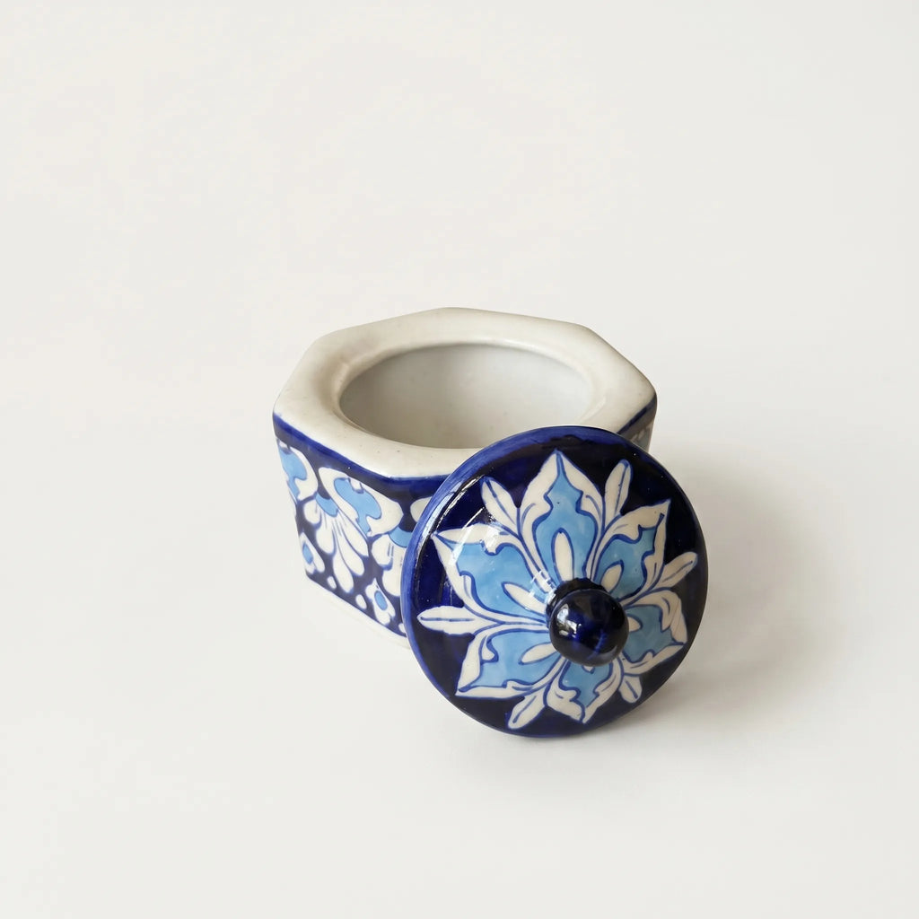 Blue Pottery Jewelry Box – Hand-Painted Ceramic Canister Jar (4.5” Floral Petal Design)