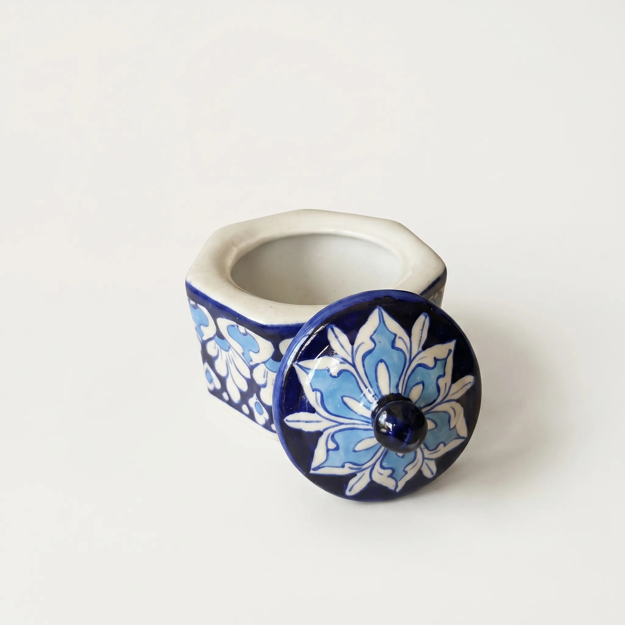 Blue Pottery Jewelry Box – Hand-Painted Ceramic Canister Jar (4.5” Floral Petal Design)