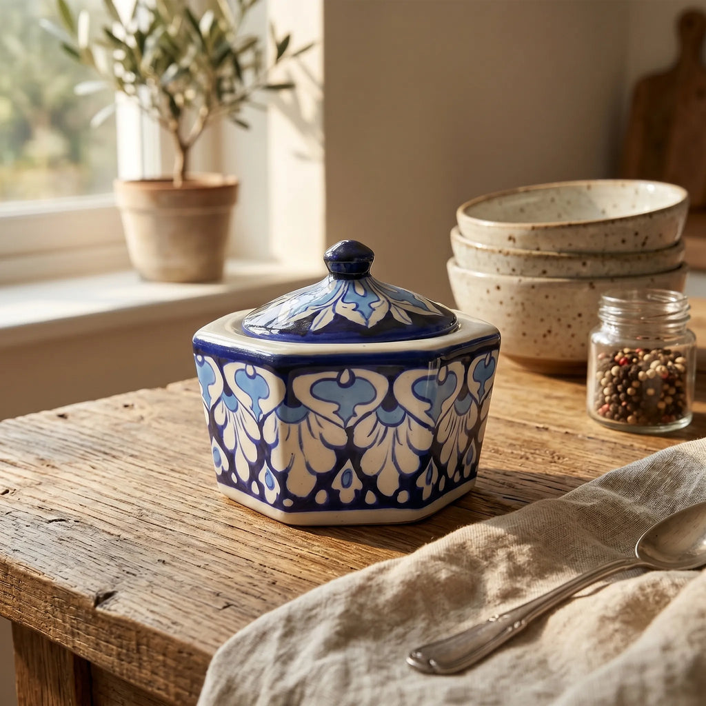 Blue Pottery Jewelry Box – Hand-Painted Ceramic Canister Jar (4.5” Floral Petal Design)