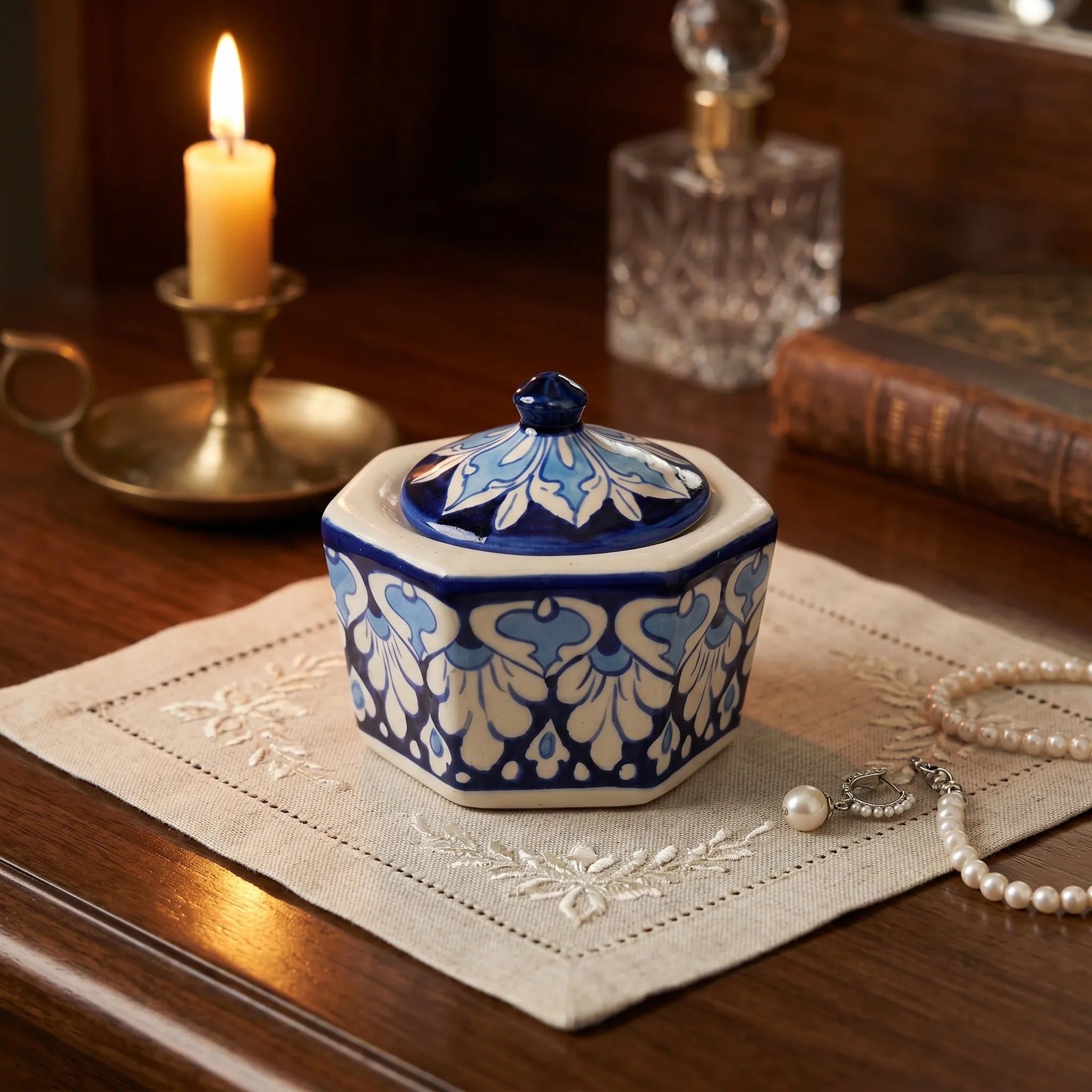 Blue Pottery Jewelry Box – Hand-Painted Ceramic Canister Jar (4.5” Floral Petal Design)