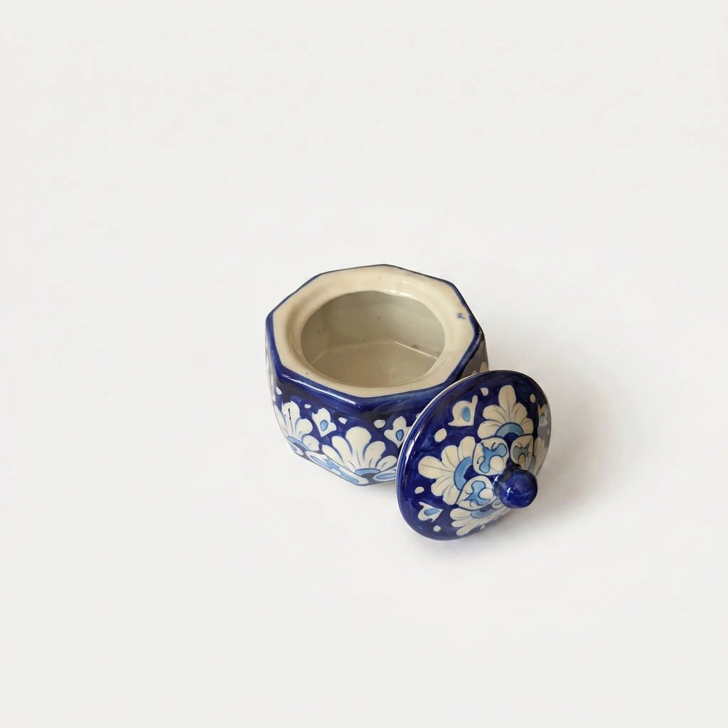 Blue Pottery Jewelry Box – Hand-Painted Ceramic Canister Jar (4.5” Bold Floral Design)