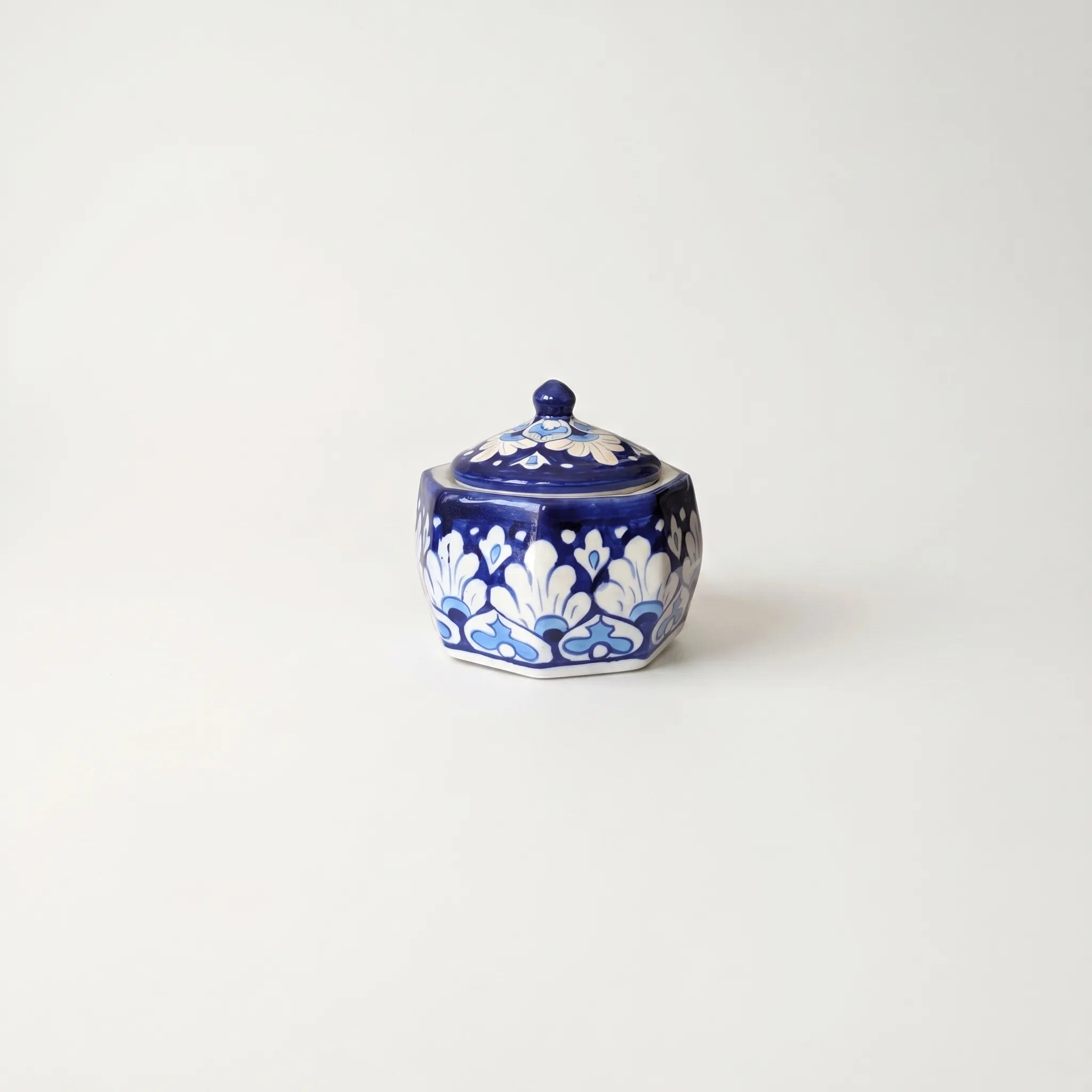Blue Pottery Jewelry Box – Hand-Painted Ceramic Canister Jar (4.5” Bold Floral Design)
