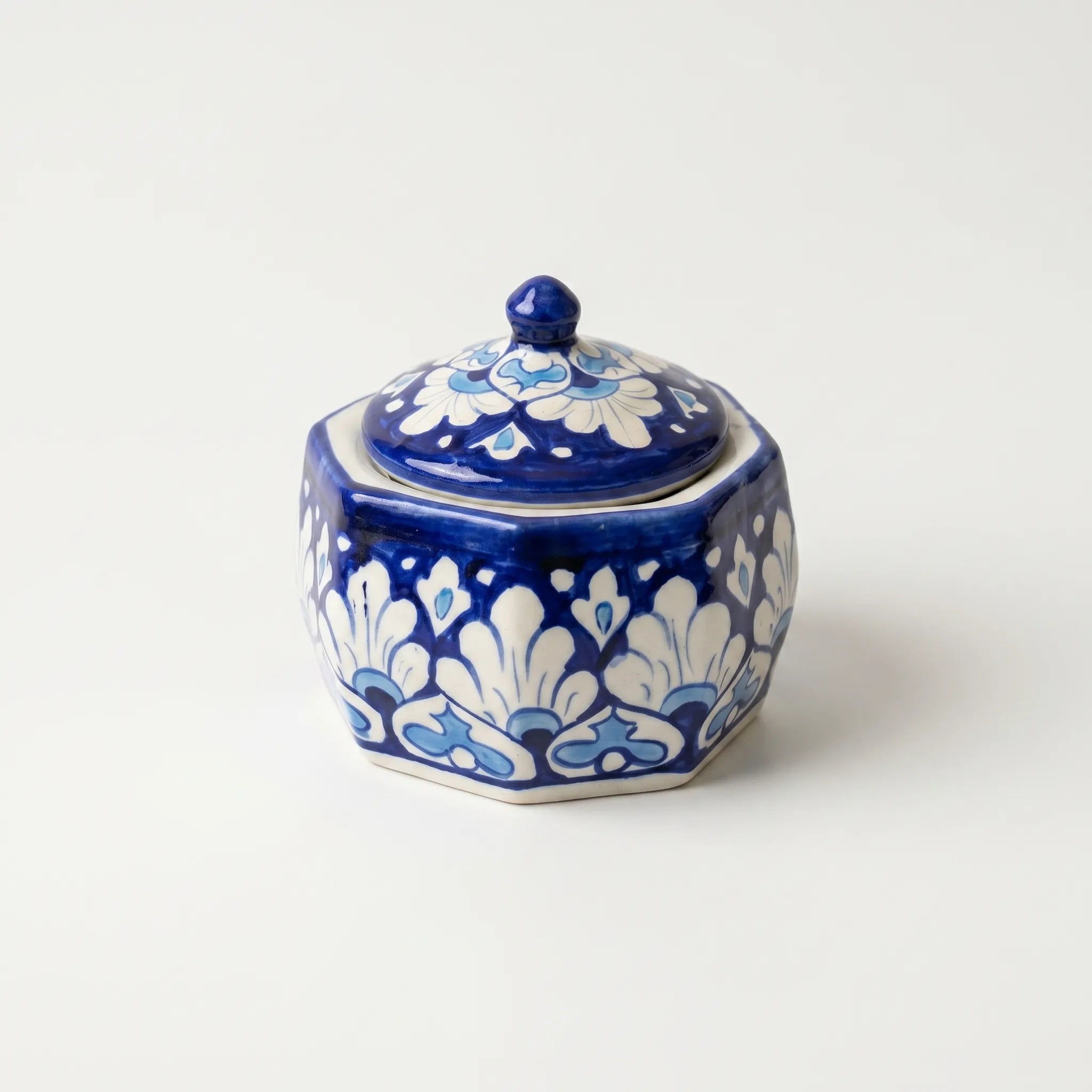 Blue Pottery Jewelry Box – Hand-Painted Ceramic Canister Jar (4.5” Bold Floral Design)