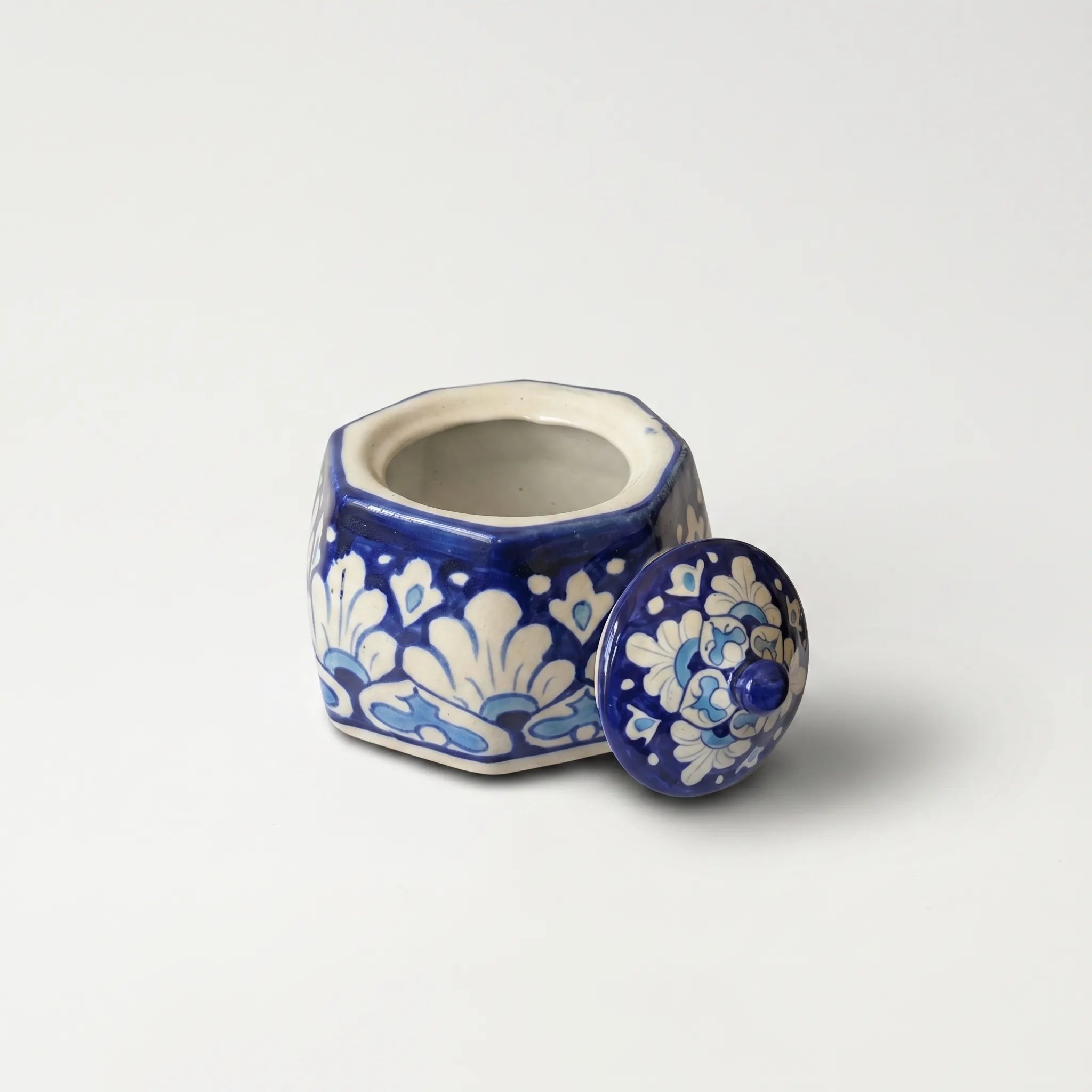 Blue Pottery Jewelry Box – Hand-Painted Ceramic Canister Jar (4.5” Bold Floral Design)