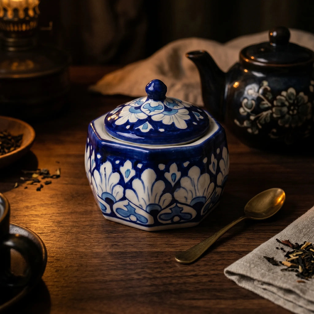 Blue Pottery Jewelry Box – Hand-Painted Ceramic Canister Jar (4.5” Bold Floral Design)