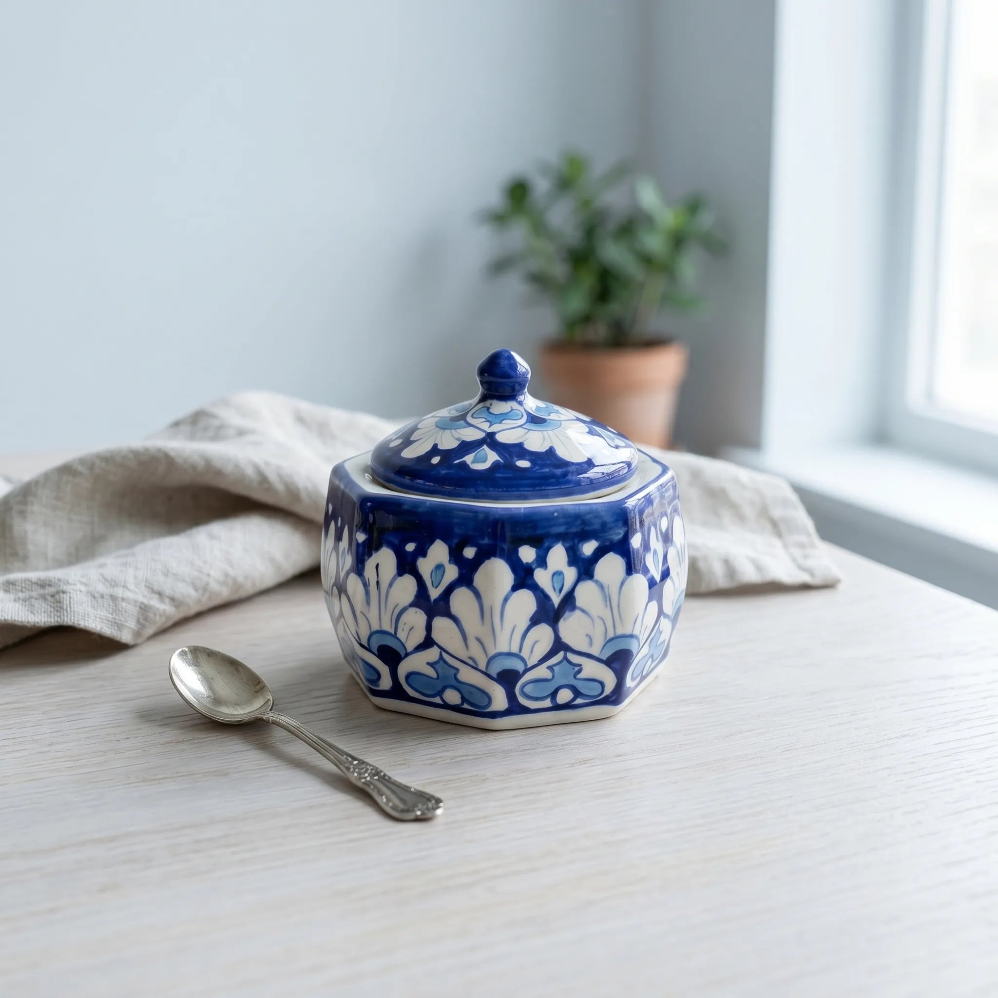 Blue Pottery Jewelry Box – Hand-Painted Ceramic Canister Jar (4.5” Bold Floral Design)