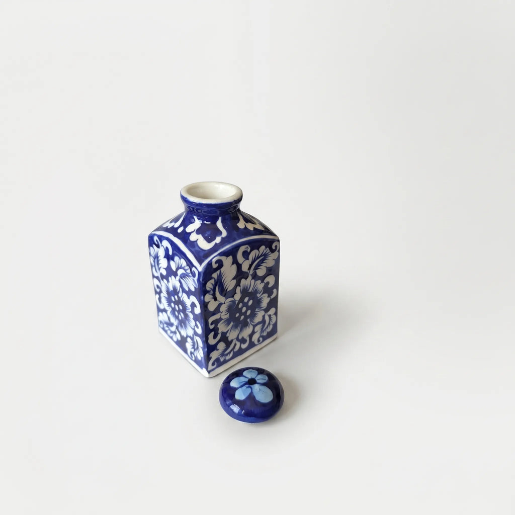 Blue Pottery Decorative Jar with Lid – Hand-Painted Ceramic Vase (6” Floral Design)