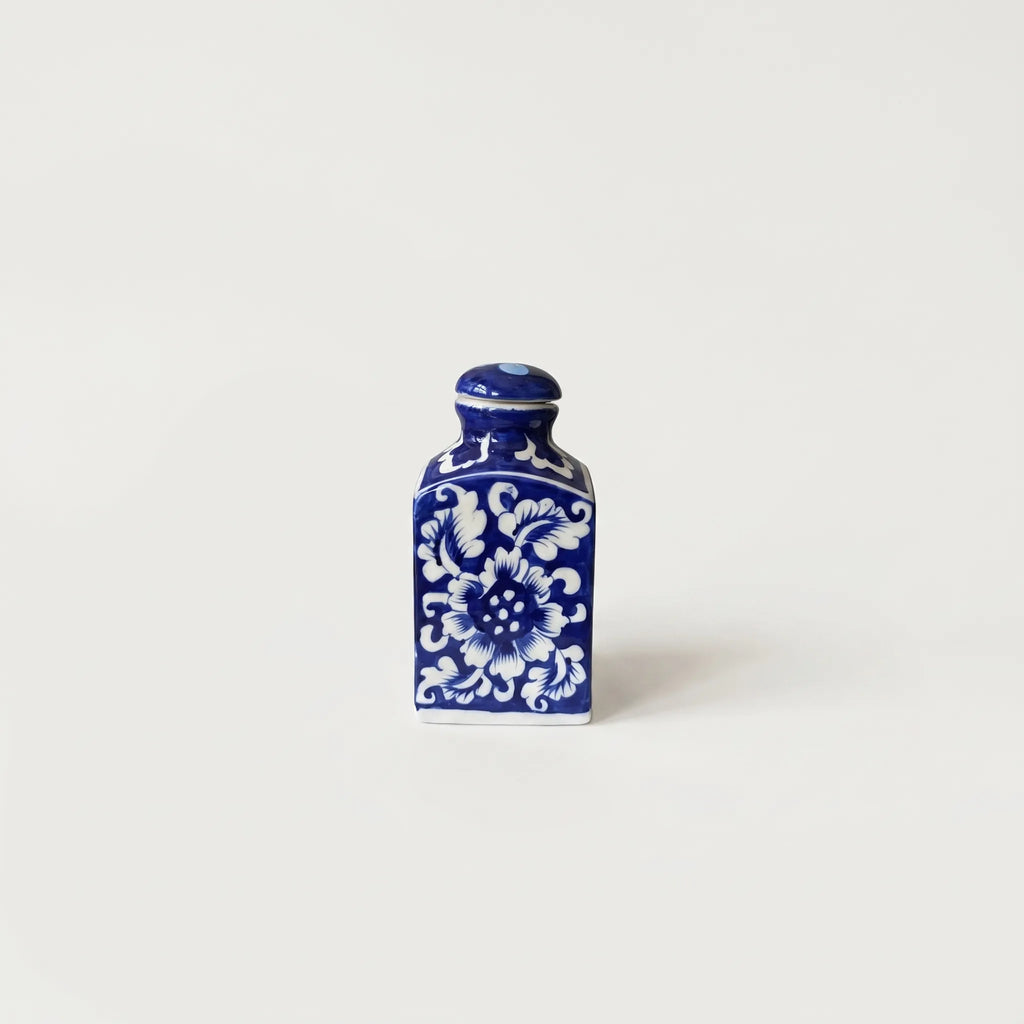 Blue Pottery Decorative Jar with Lid – Hand-Painted Ceramic Vase (6” Floral Design)