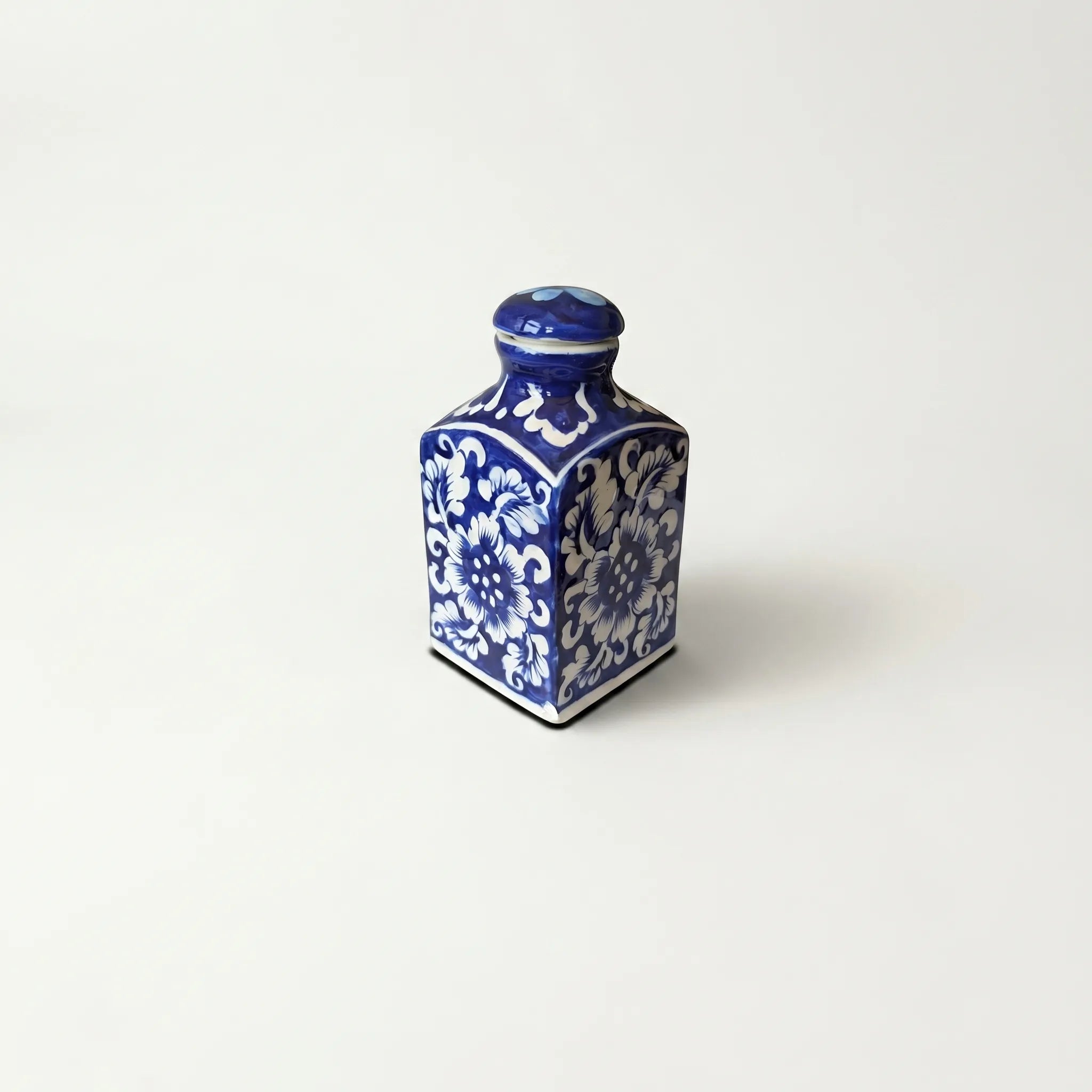 Blue Pottery Decorative Jar with Lid – Hand-Painted Ceramic Vase (6” Floral Design)