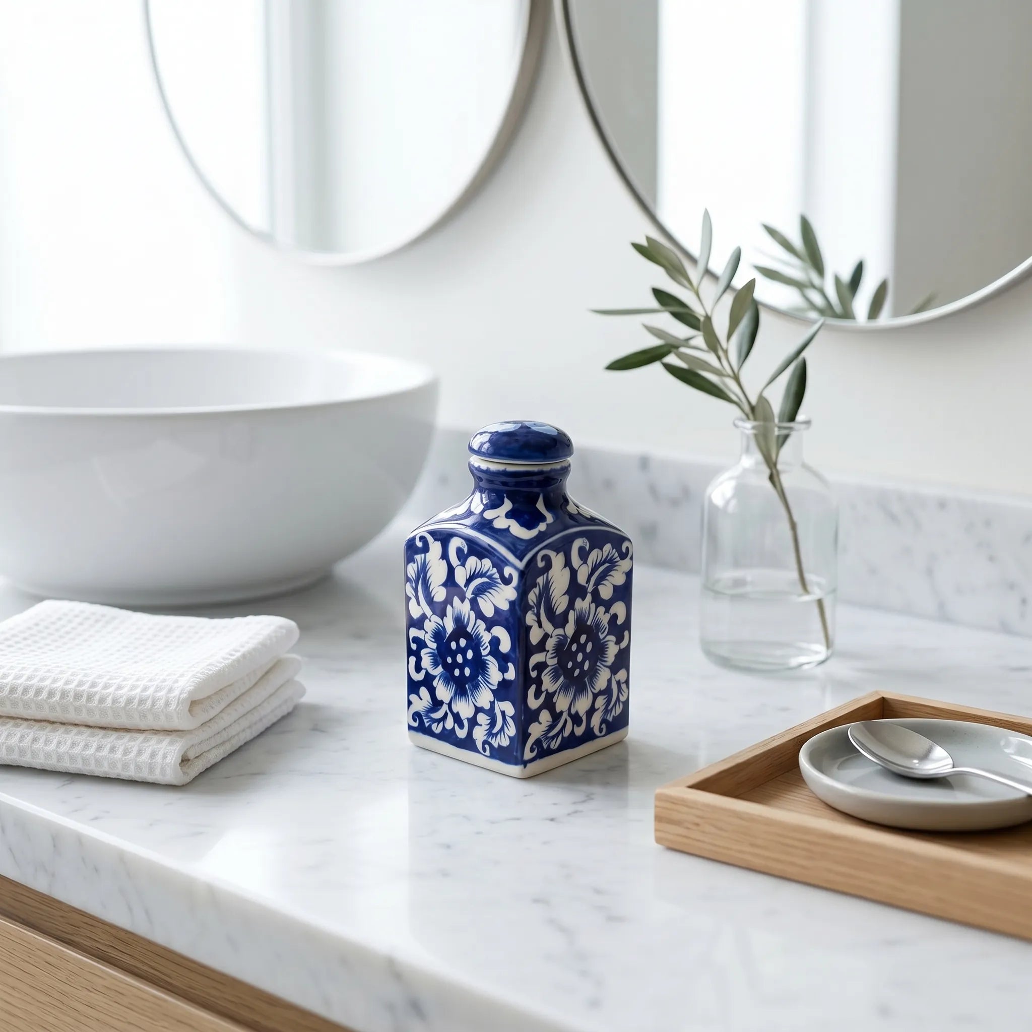 Blue Pottery Decorative Jar with Lid – Hand-Painted Ceramic Vase (6” Floral Design)