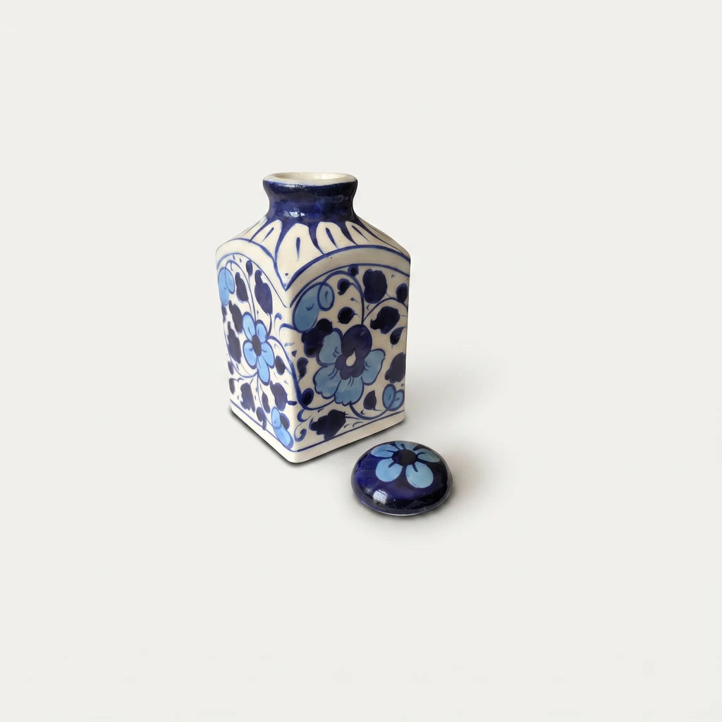 Blue Pottery Decorative Jar with Lid – Hand-Painted Ceramic Vase (6” Floral Pattern)