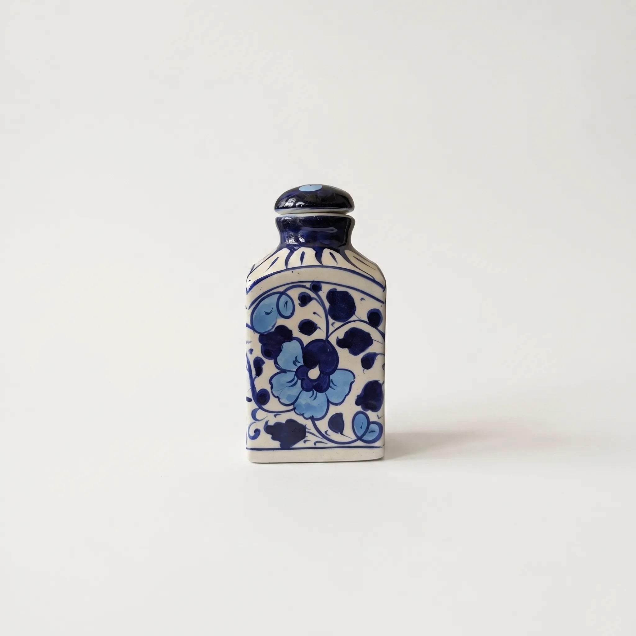 Blue Pottery Decorative Jar with Lid – Hand-Painted Ceramic Vase (6” Floral Pattern)