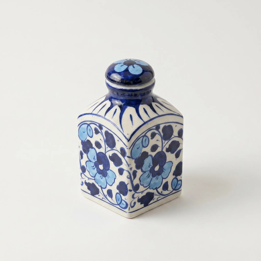 Blue Pottery Decorative Jar with Lid – Hand-Painted Ceramic Vase (6” Floral Pattern)