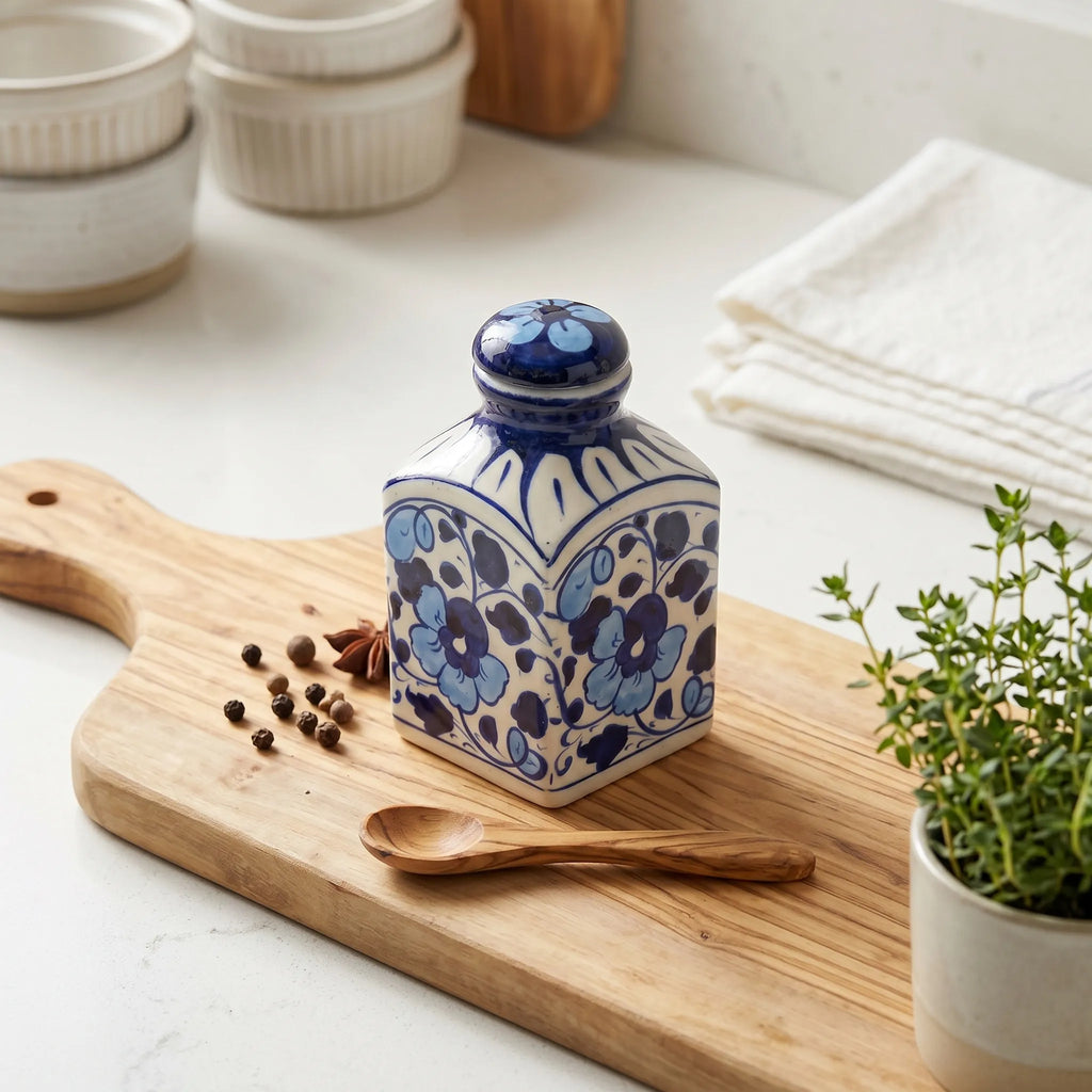 Blue Pottery Decorative Jar with Lid – Hand-Painted Ceramic Vase (6” Floral Pattern)