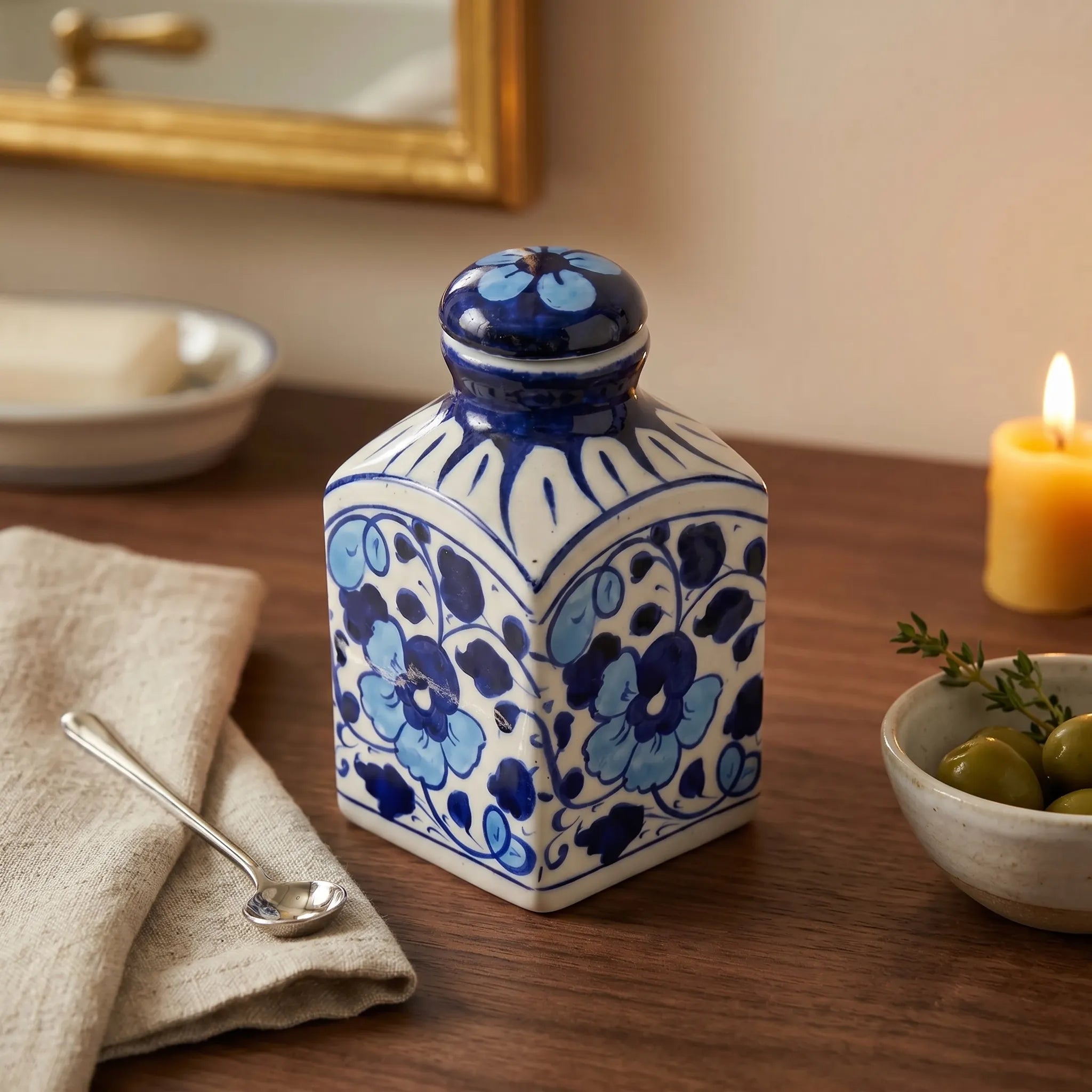 Blue Pottery Decorative Jar with Lid – Hand-Painted Ceramic Vase (6” Floral Pattern)