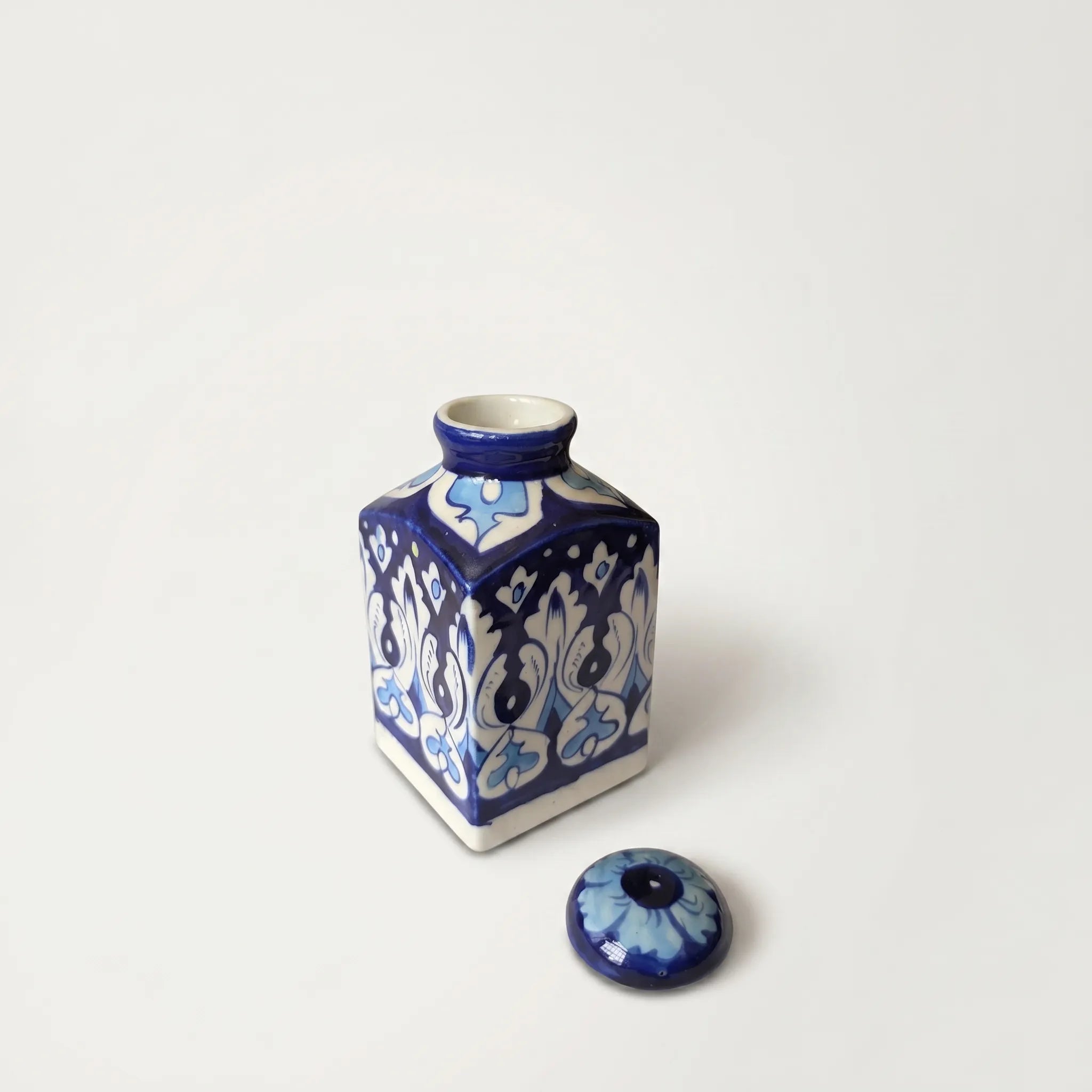 Blue Pottery Decorative Jar with Lid – Hand-Painted Ceramic Vase (6” Traditional Motif Design)
