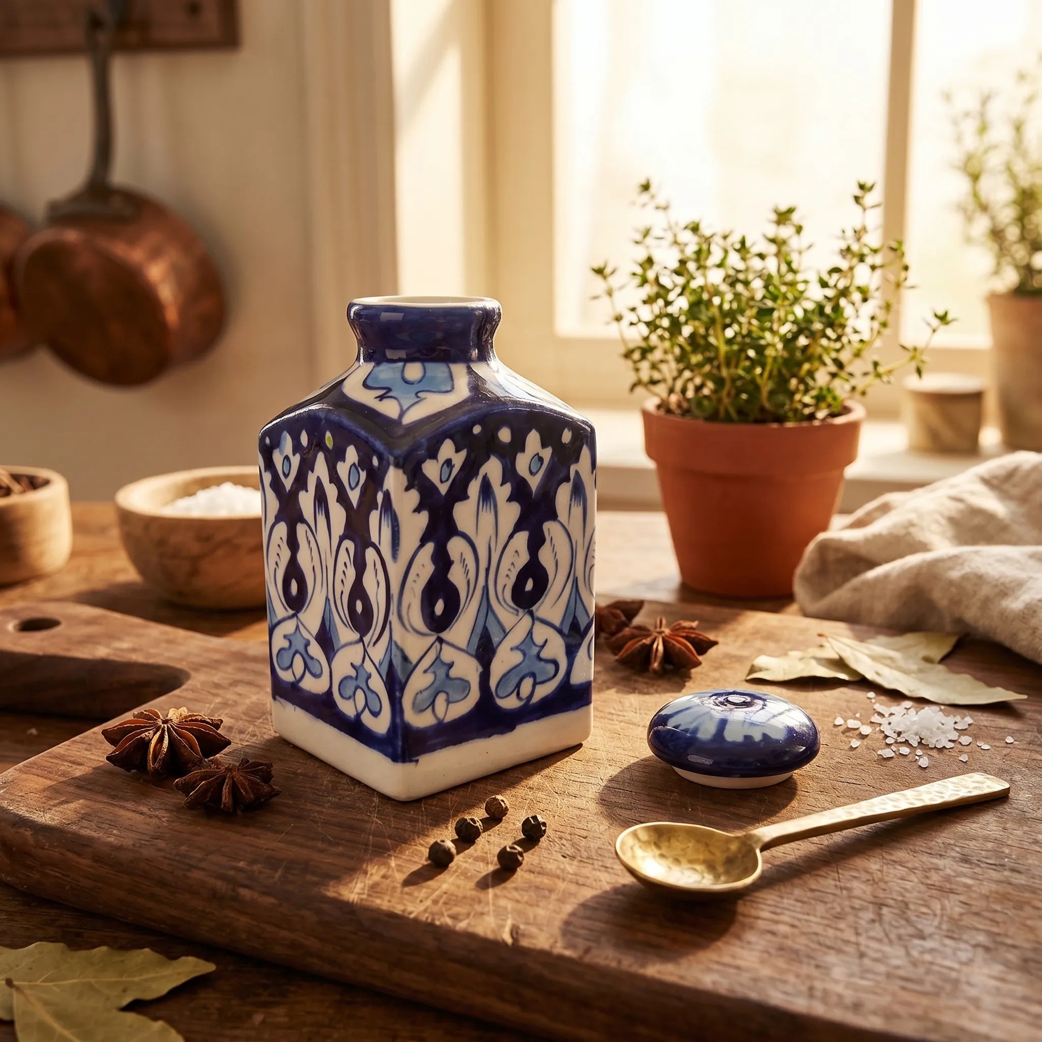 Blue Pottery Decorative Jar with Lid – Hand-Painted Ceramic Vase (6” Traditional Motif Design)