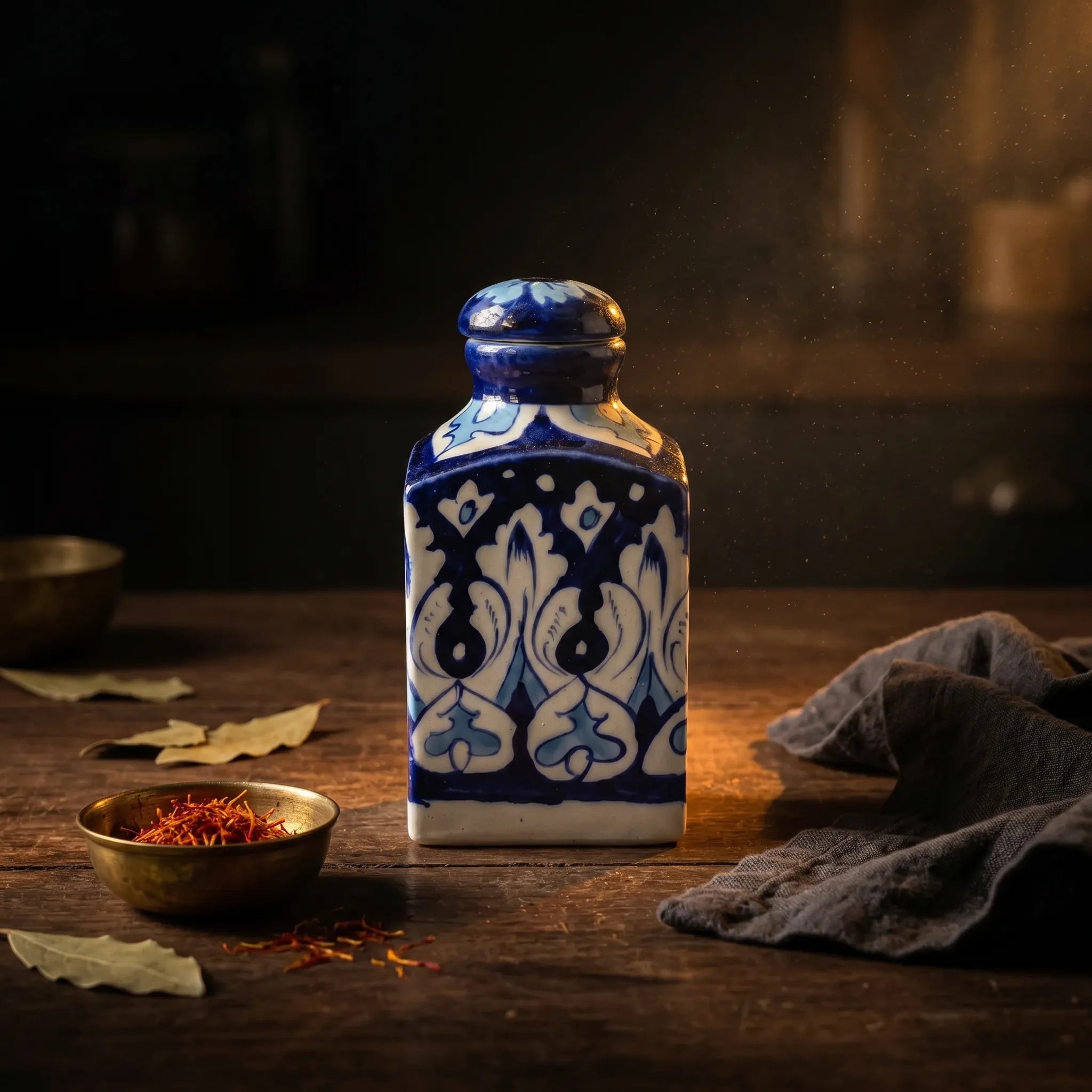 Blue Pottery Decorative Jar with Lid – Hand-Painted Ceramic Vase (6” Traditional Motif Design)