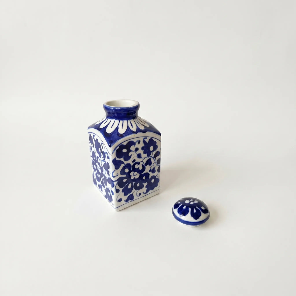 Blue Pottery Decorative Jar with Lid – Hand-Painted Ceramic Vase (6” Dense Floral Design)