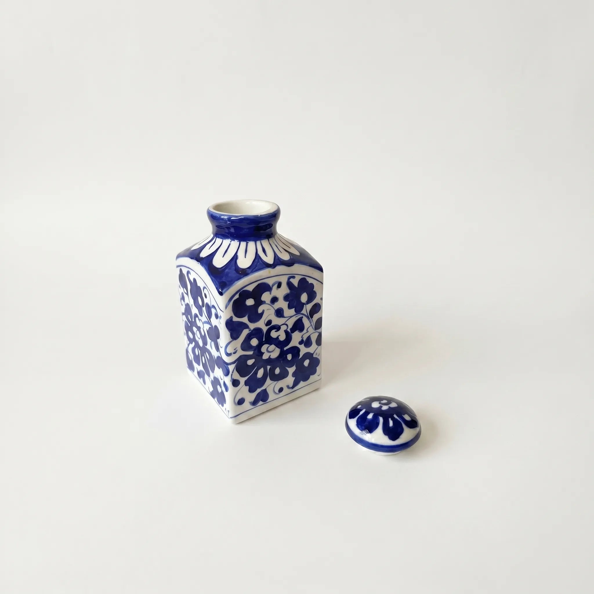 Blue Pottery Decorative Jar with Lid – Hand-Painted Ceramic Vase (6” Dense Floral Design)