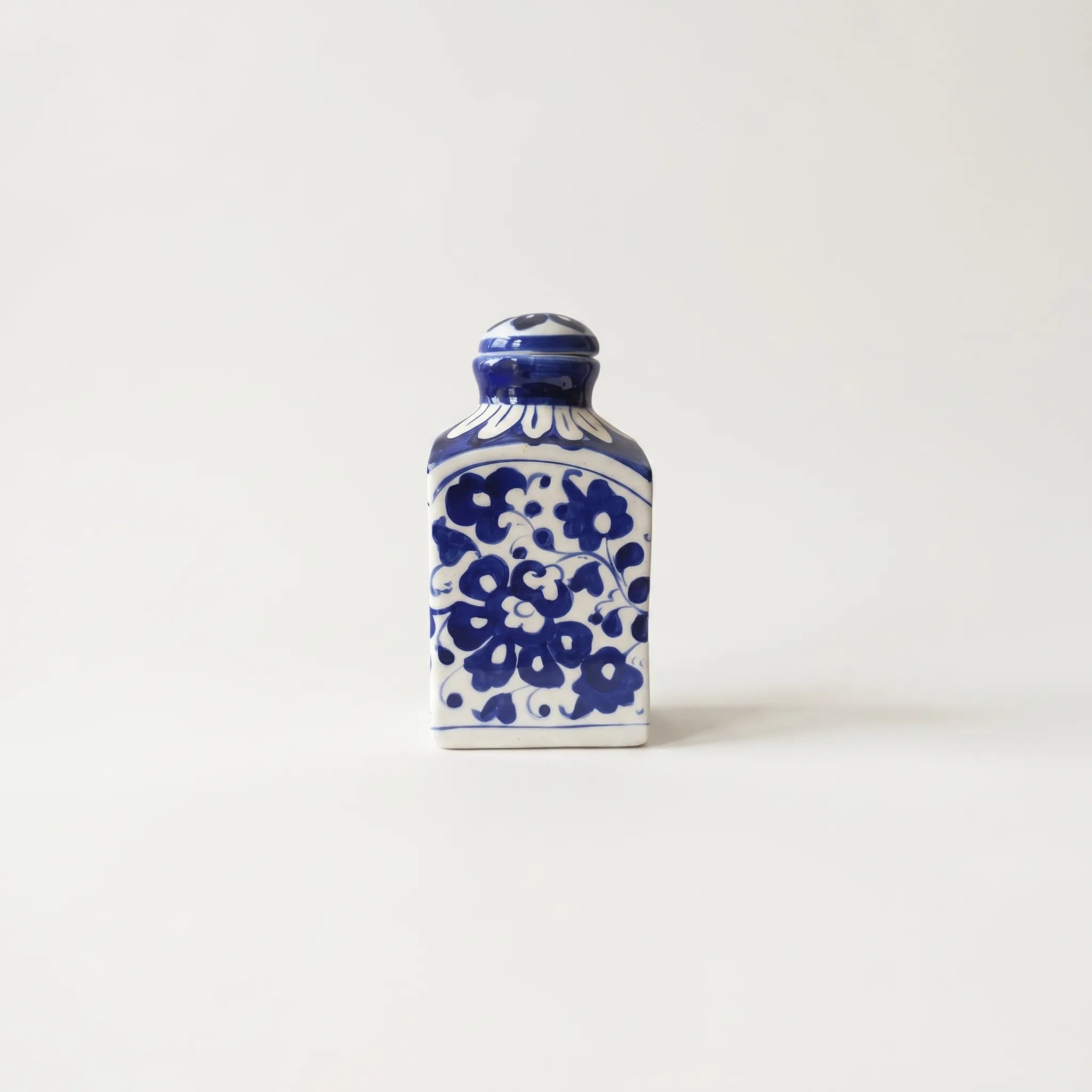 Blue Pottery Decorative Jar with Lid – Hand-Painted Ceramic Vase (6” Dense Floral Design)